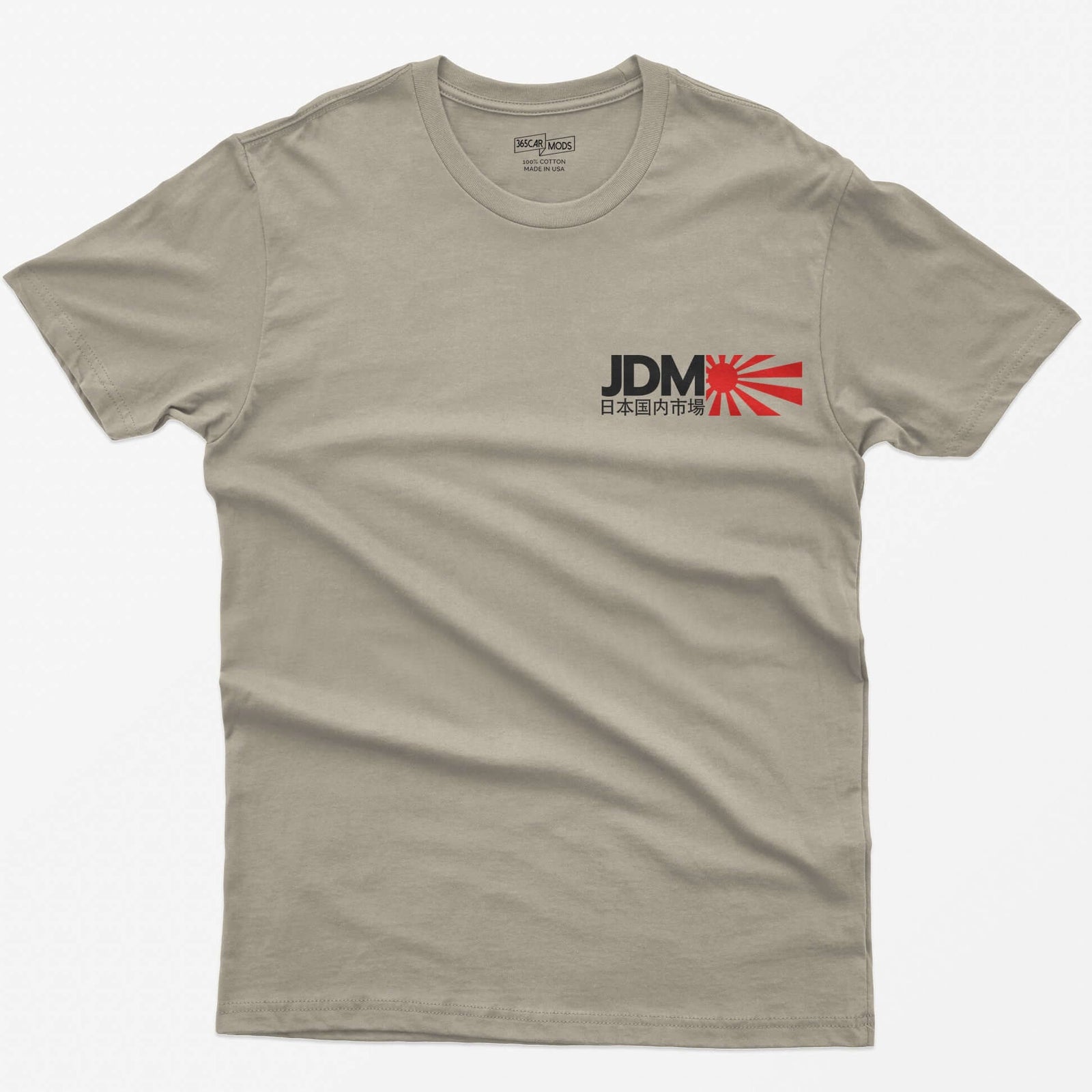 Sand t-shirt with bold white JDM letters, Japanese characters beneath and a red rising sun graphic