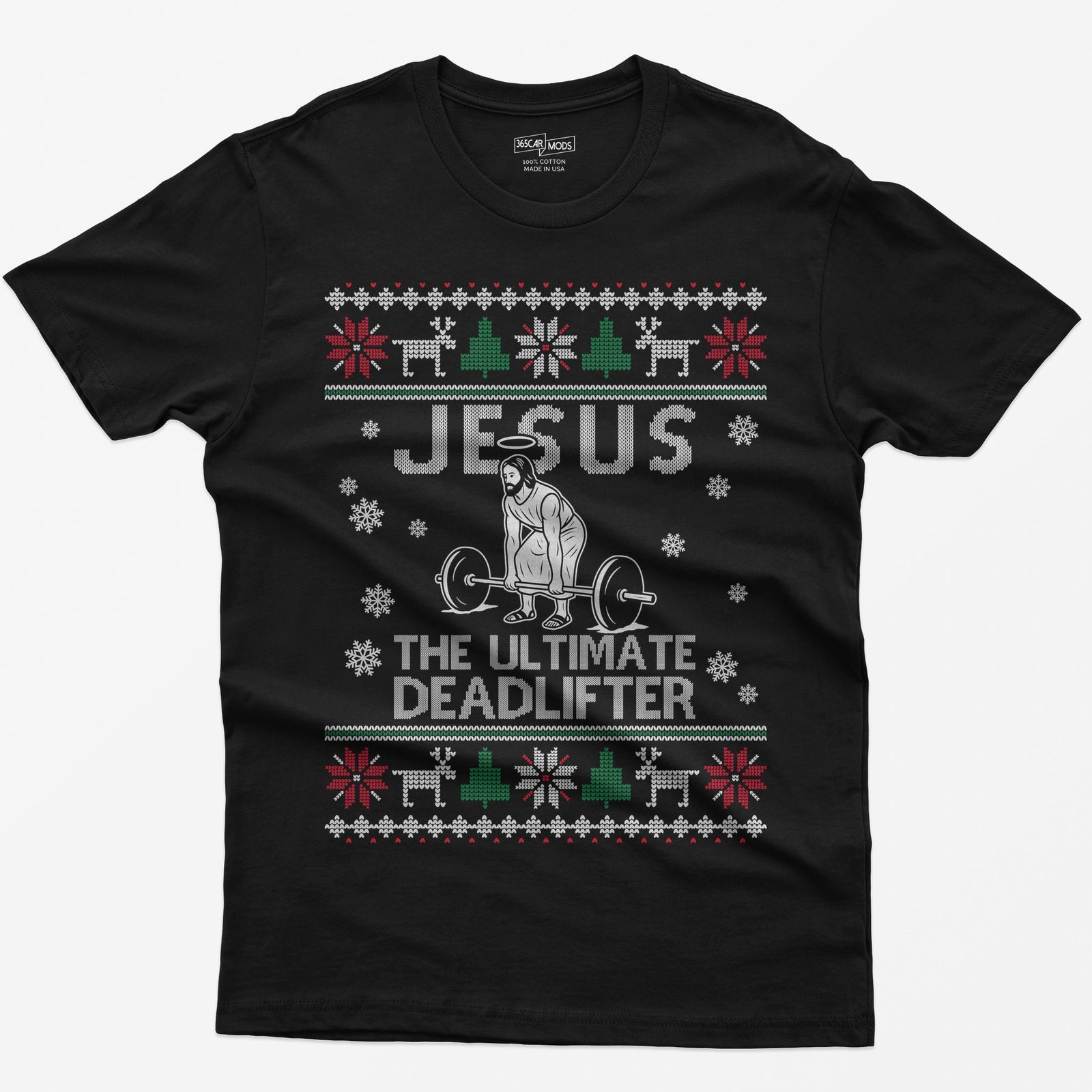 Black t-shirt with Jesus The Ultimate Deadlifter knit text and a haloed figure deadlifting a barbell, ugly sweater border