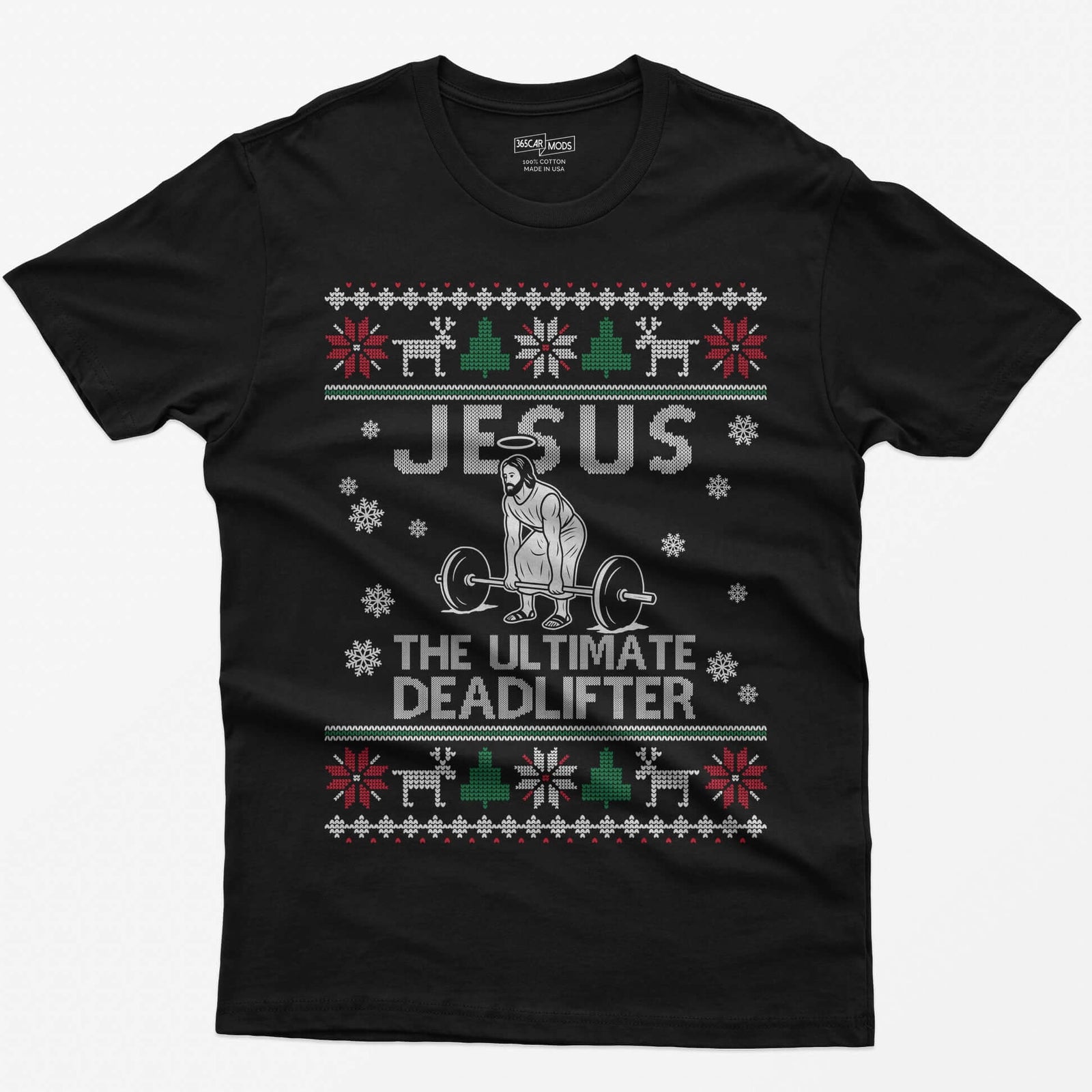 Black t-shirt with Jesus The Ultimate Deadlifter knit text and a haloed figure deadlifting a barbell, ugly sweater border