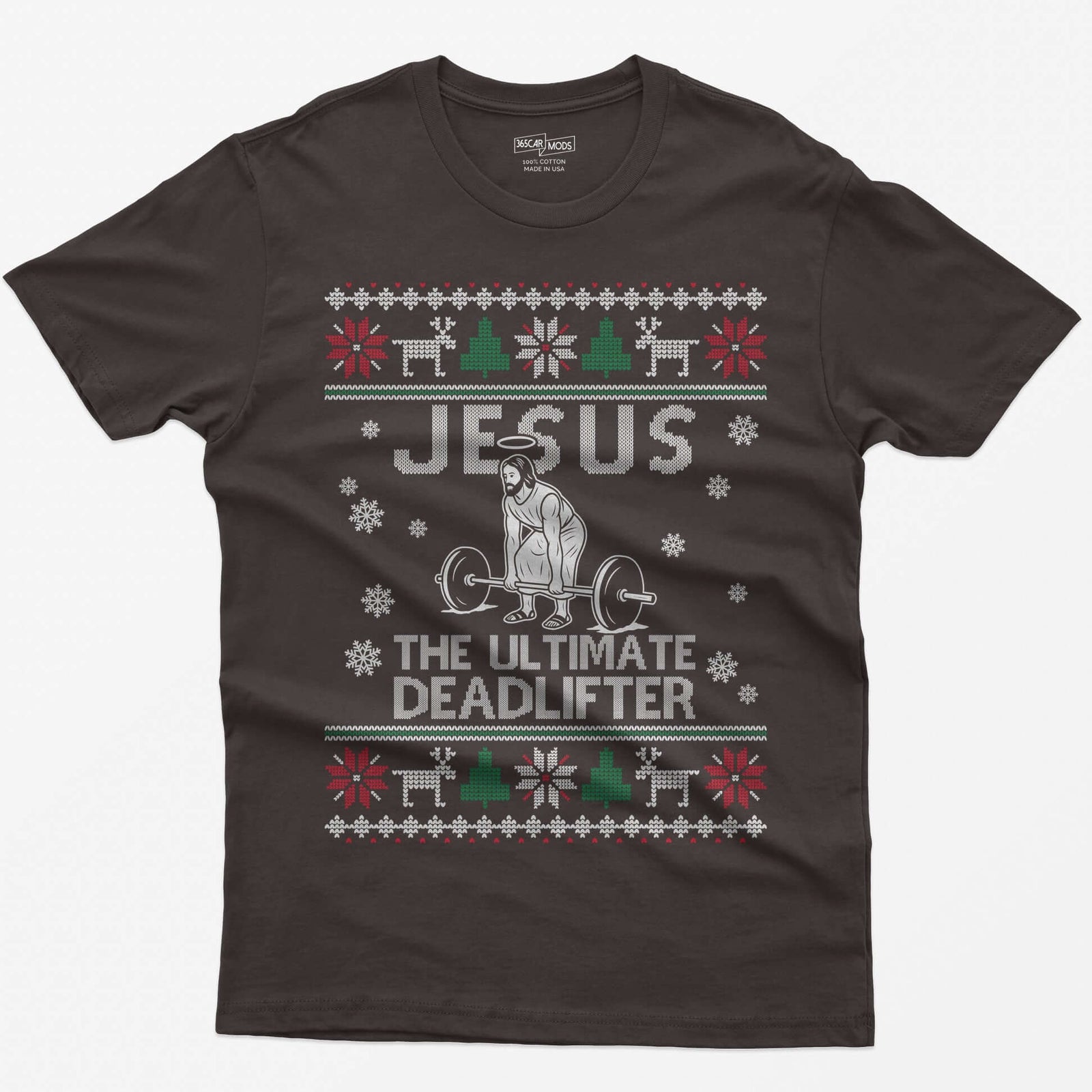 Dark Chocolate t-shirt with Jesus The Ultimate Deadlifter knit text and a haloed figure deadlifting a barbell, ugly sweater border