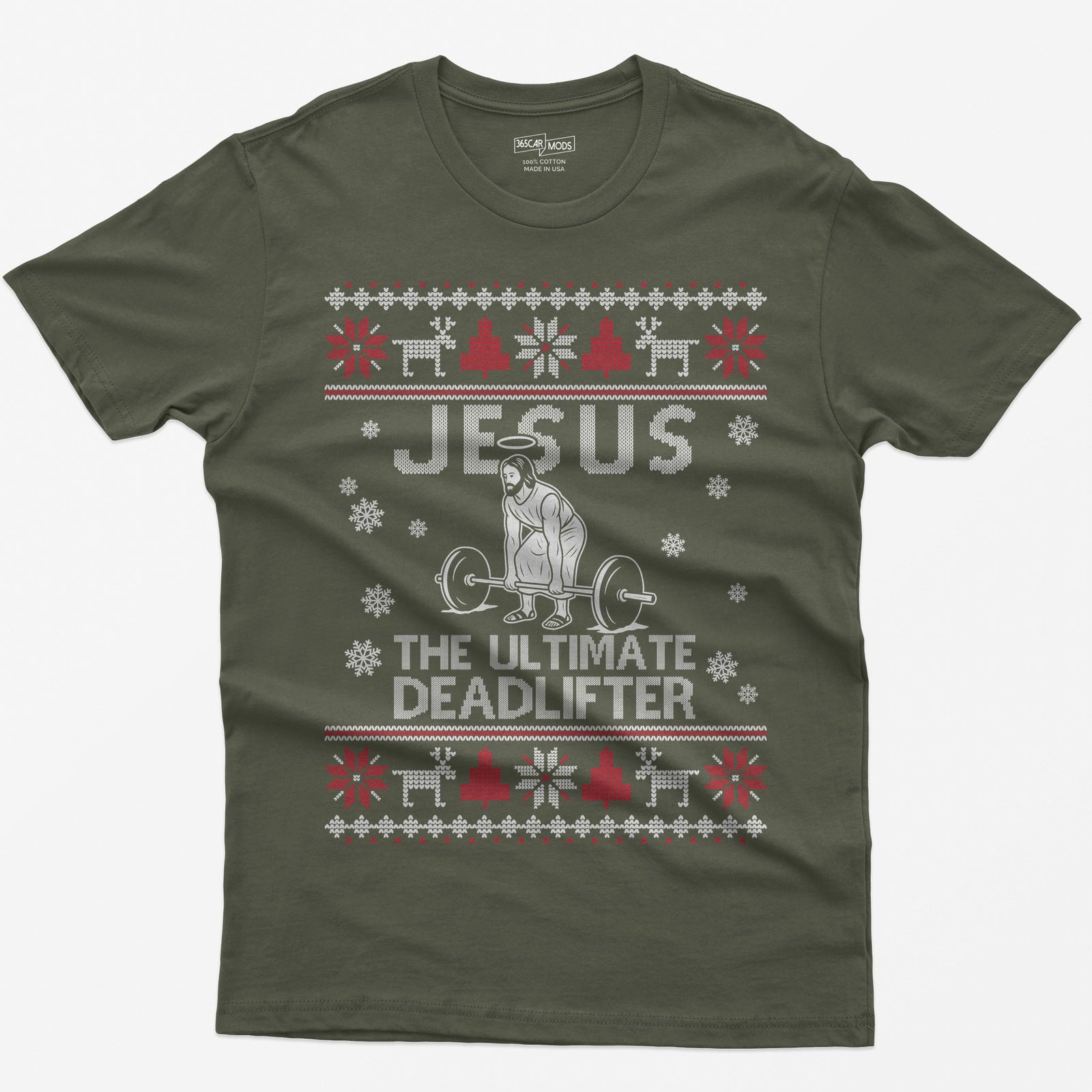 Military Green t-shirt with Jesus The Ultimate Deadlifter knit text and a haloed figure deadlifting a barbell, ugly sweater border