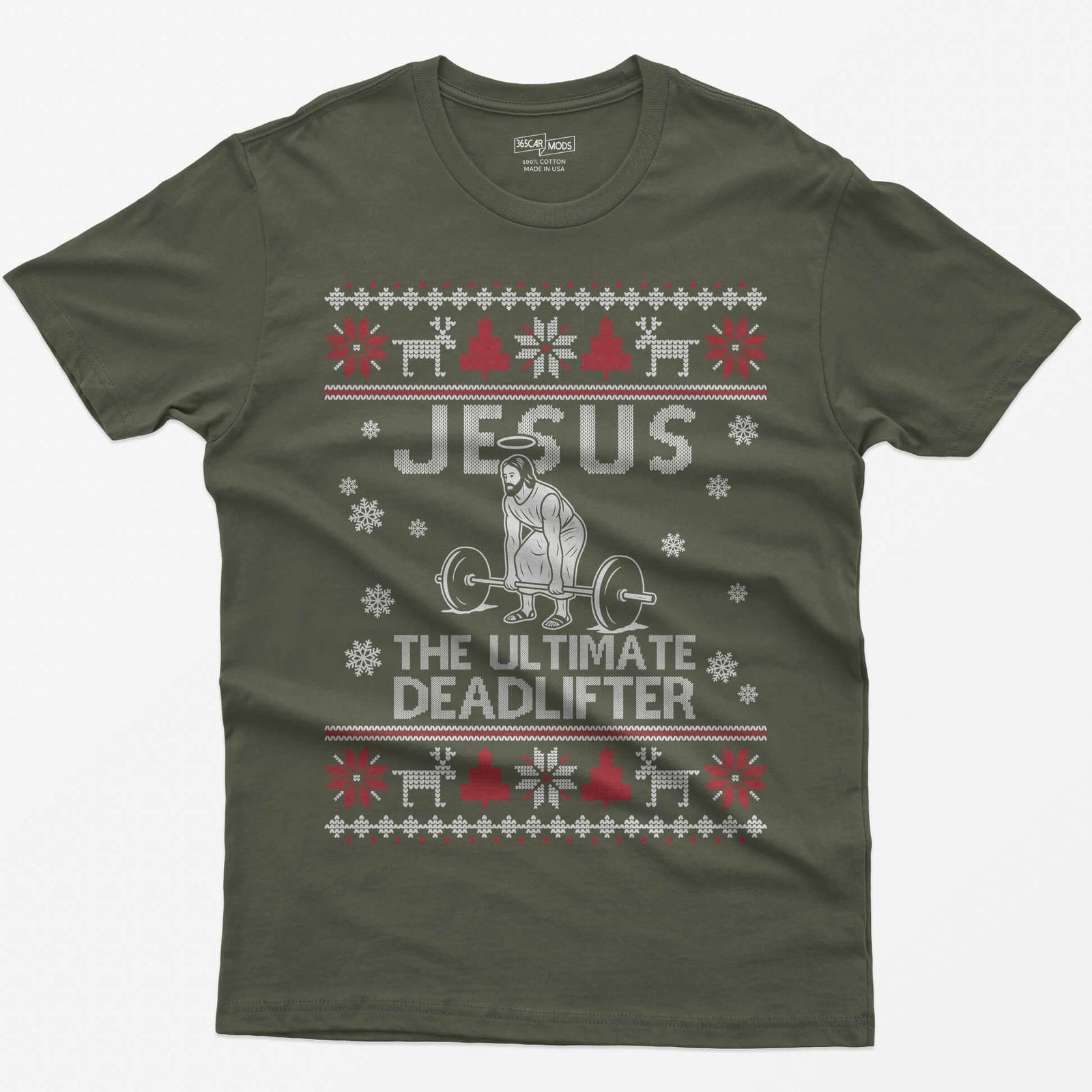 Military Green t-shirt with Jesus The Ultimate Deadlifter knit text and a haloed figure deadlifting a barbell, ugly sweater border