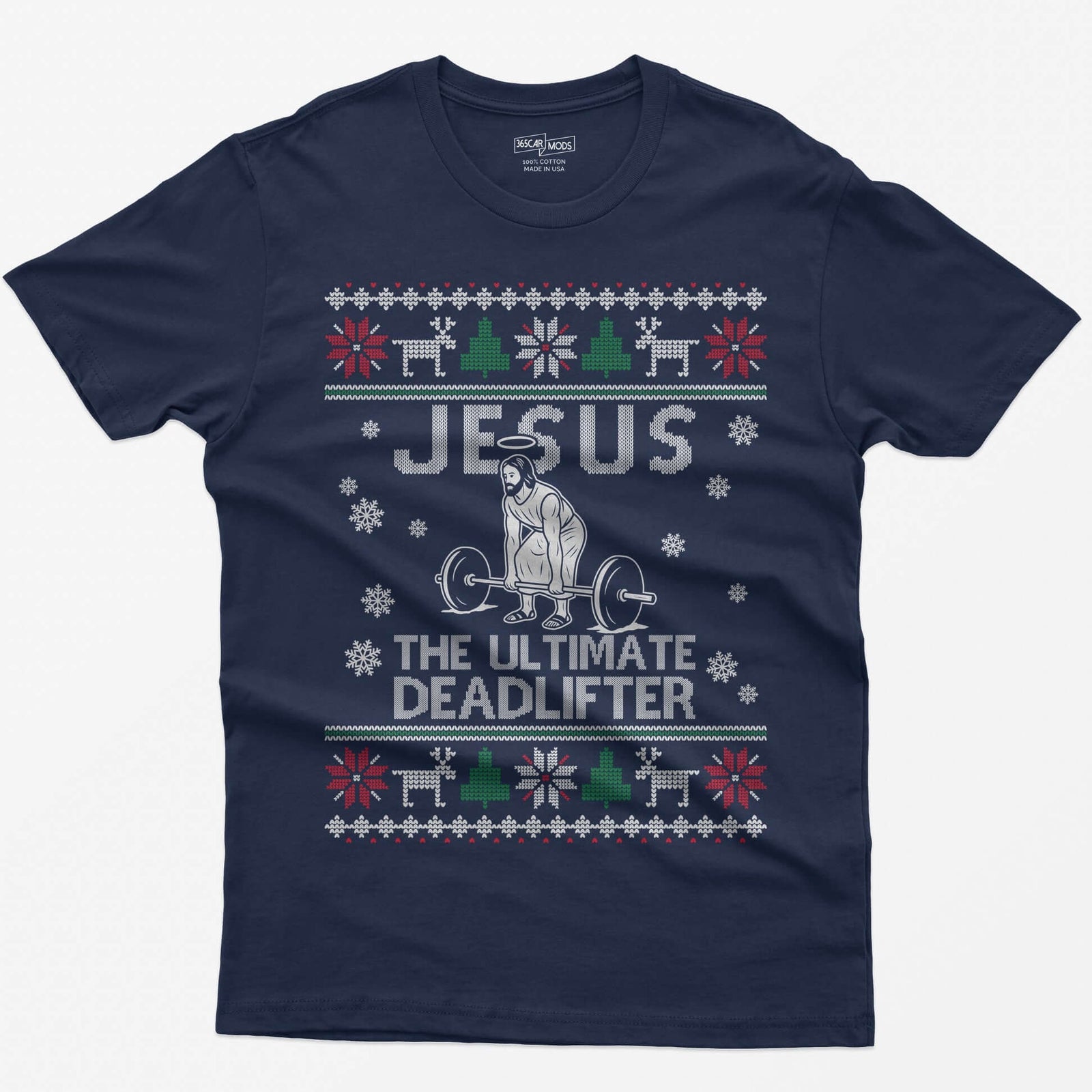 Navy t-shirt with Jesus The Ultimate Deadlifter knit text and a haloed figure deadlifting a barbell, ugly sweater border