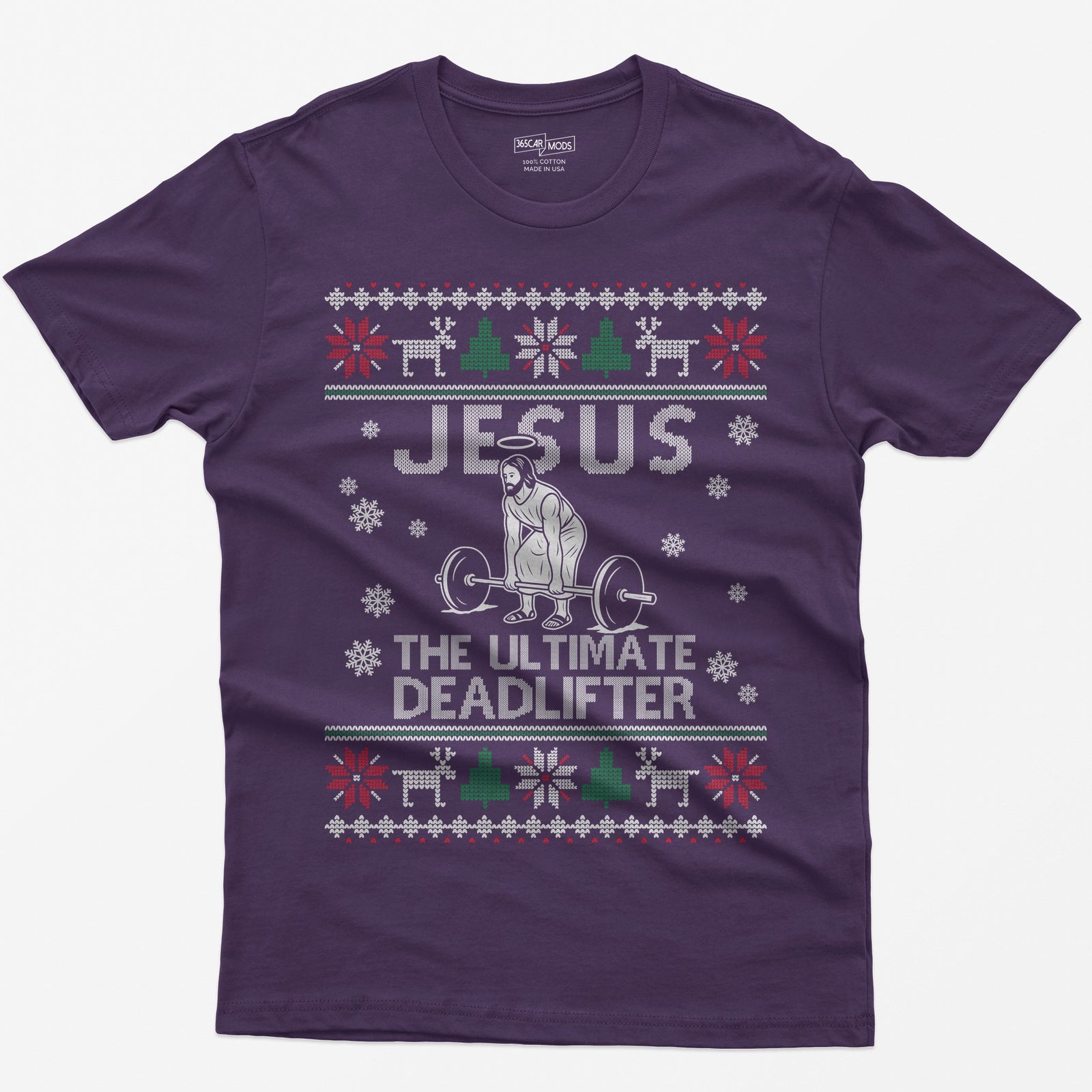 Purple t-shirt with Jesus The Ultimate Deadlifter knit text and a haloed figure deadlifting a barbell, ugly sweater border