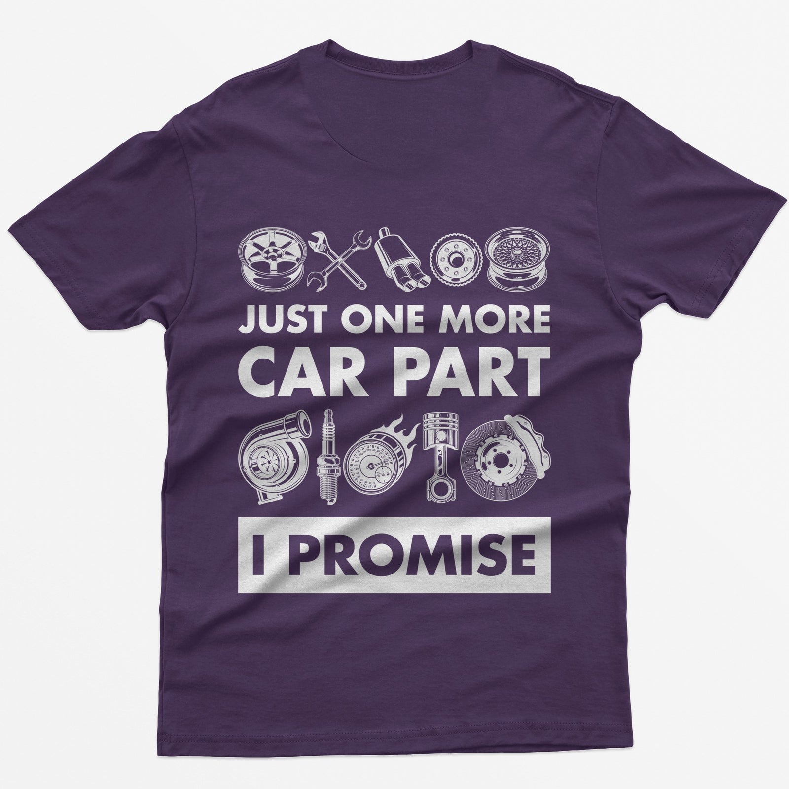 Purple t-shirt with Just One More Car Part I Promise on the back between rows of wheel, turbo, piston and brake parts