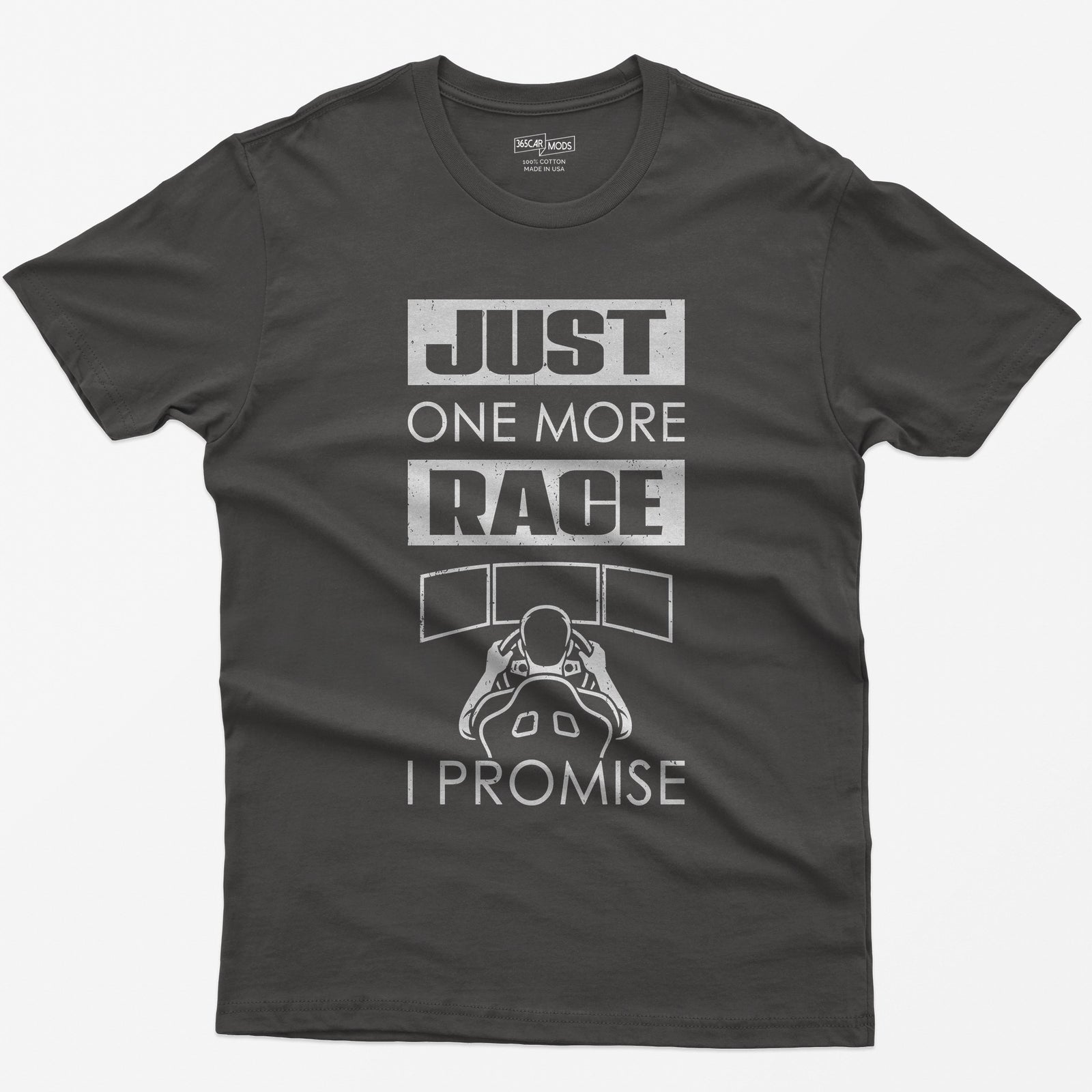 Dark Heather t-shirt with Just One More Race I Promise and a sim racer at a triple monitor racing rig drawn in white