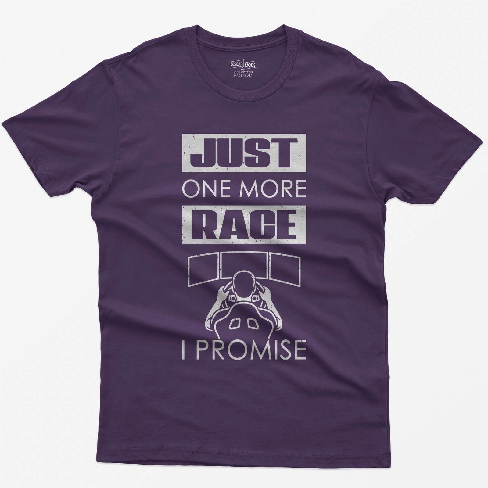 Purple t-shirt with Just One More Race I Promise and a sim racer at a triple monitor racing rig drawn in white