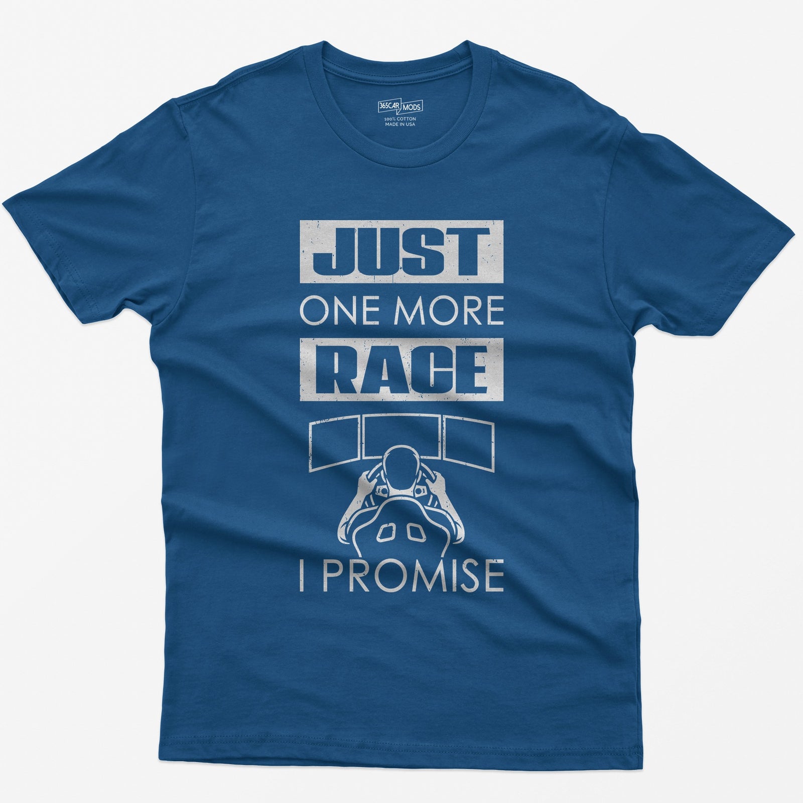 Royal t-shirt with Just One More Race I Promise and a sim racer at a triple monitor racing rig drawn in white