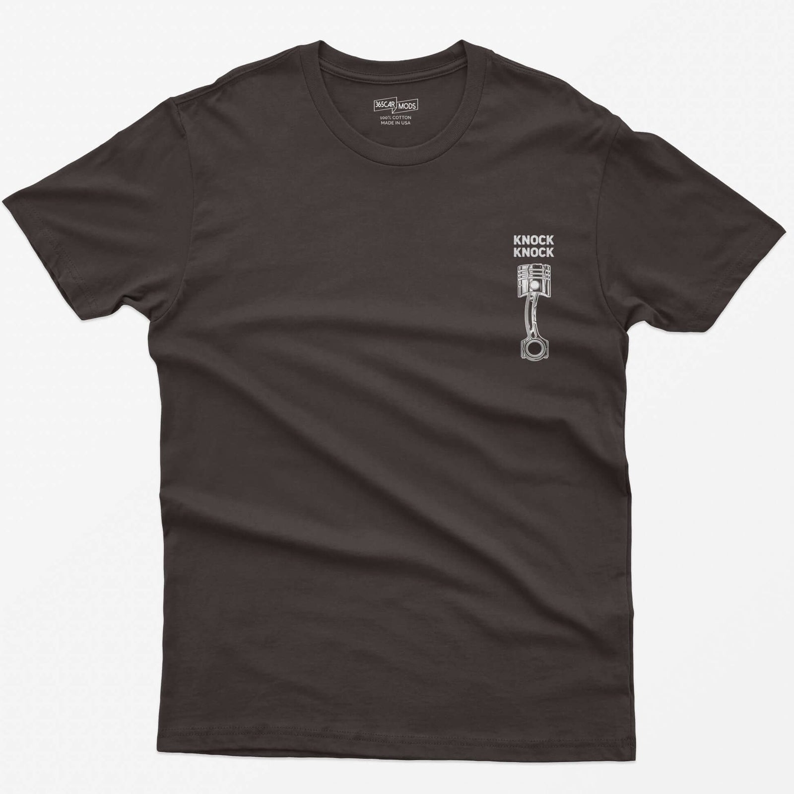 Dark Chocolate t-shirt with Knock Knock text above a white line-art piston and connecting rod with a damaged crown