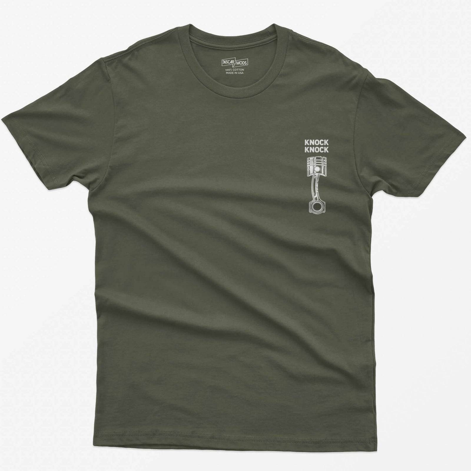 Military Green t-shirt with Knock Knock text above a white line-art piston and connecting rod with a damaged crown