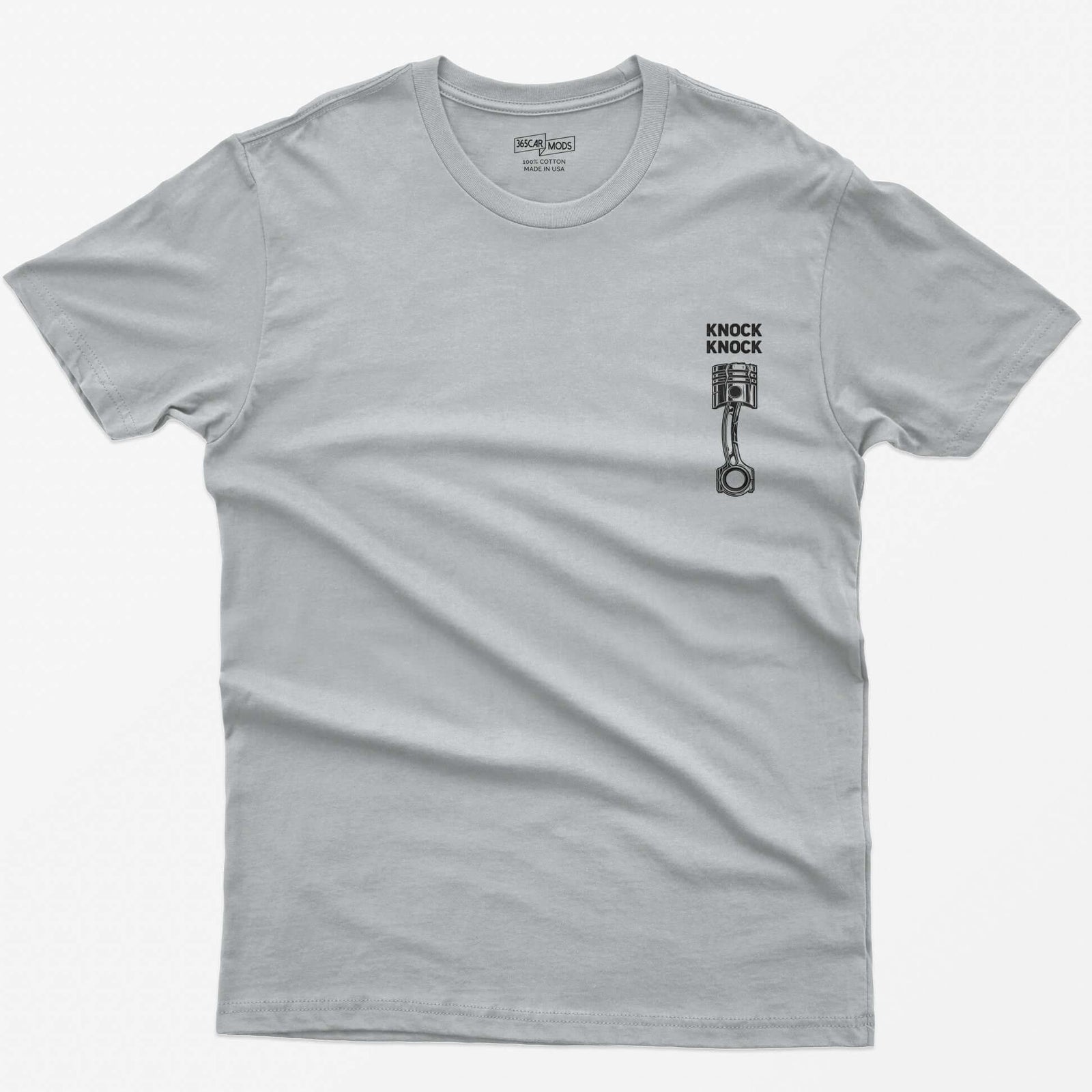 Sport Grey t-shirt with Knock Knock text above a white line-art piston and connecting rod with a damaged crown