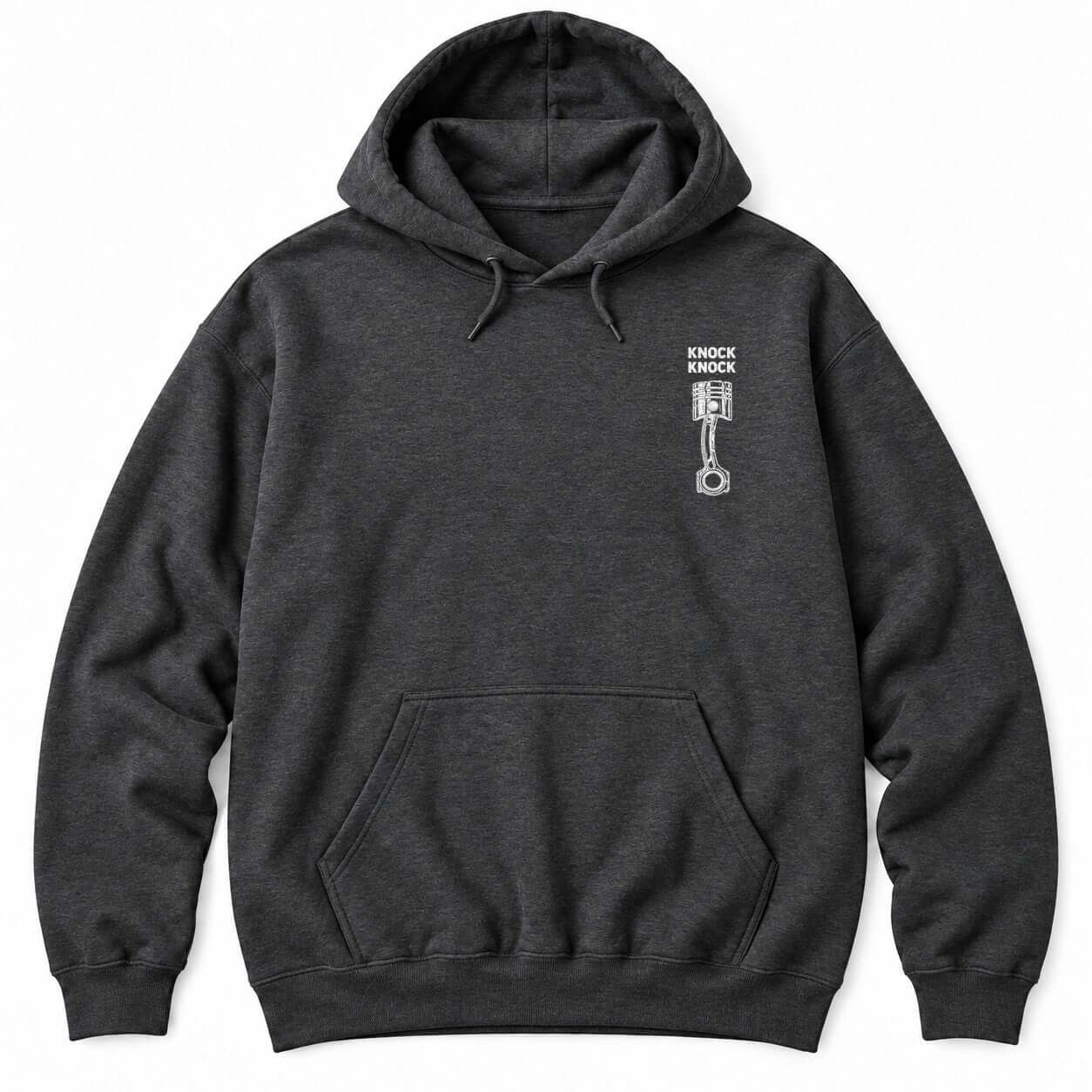 Dark Heather hoodie with KNOCK KNOCK above a white piston and connecting rod with a cracked piston crown