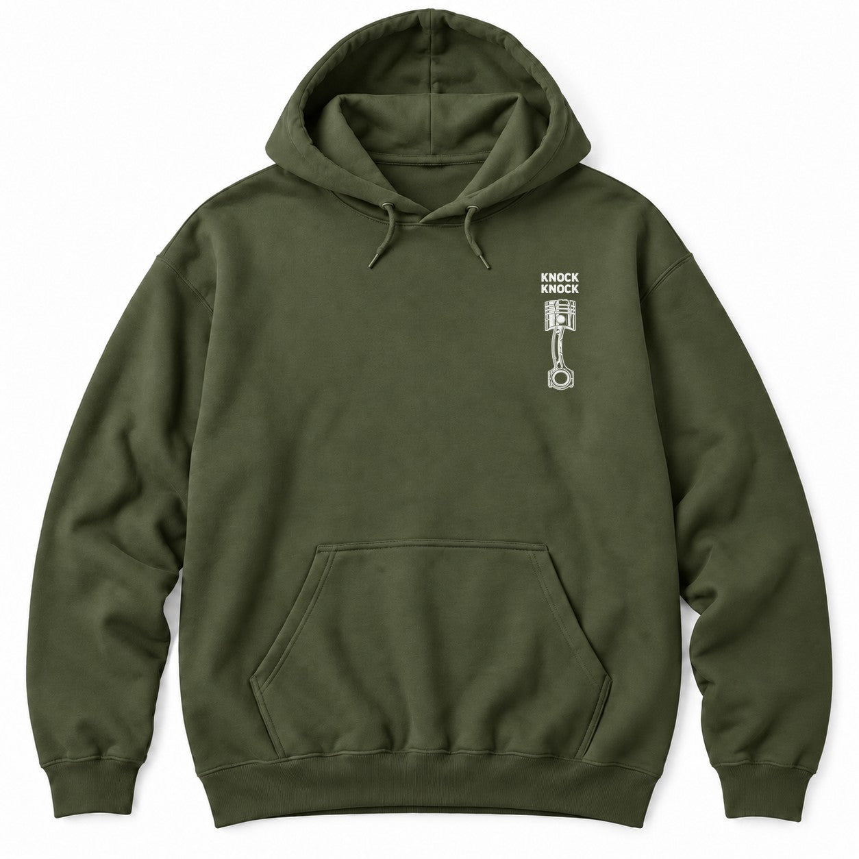 Military Green hoodie with KNOCK KNOCK above a white piston and connecting rod with a cracked piston crown