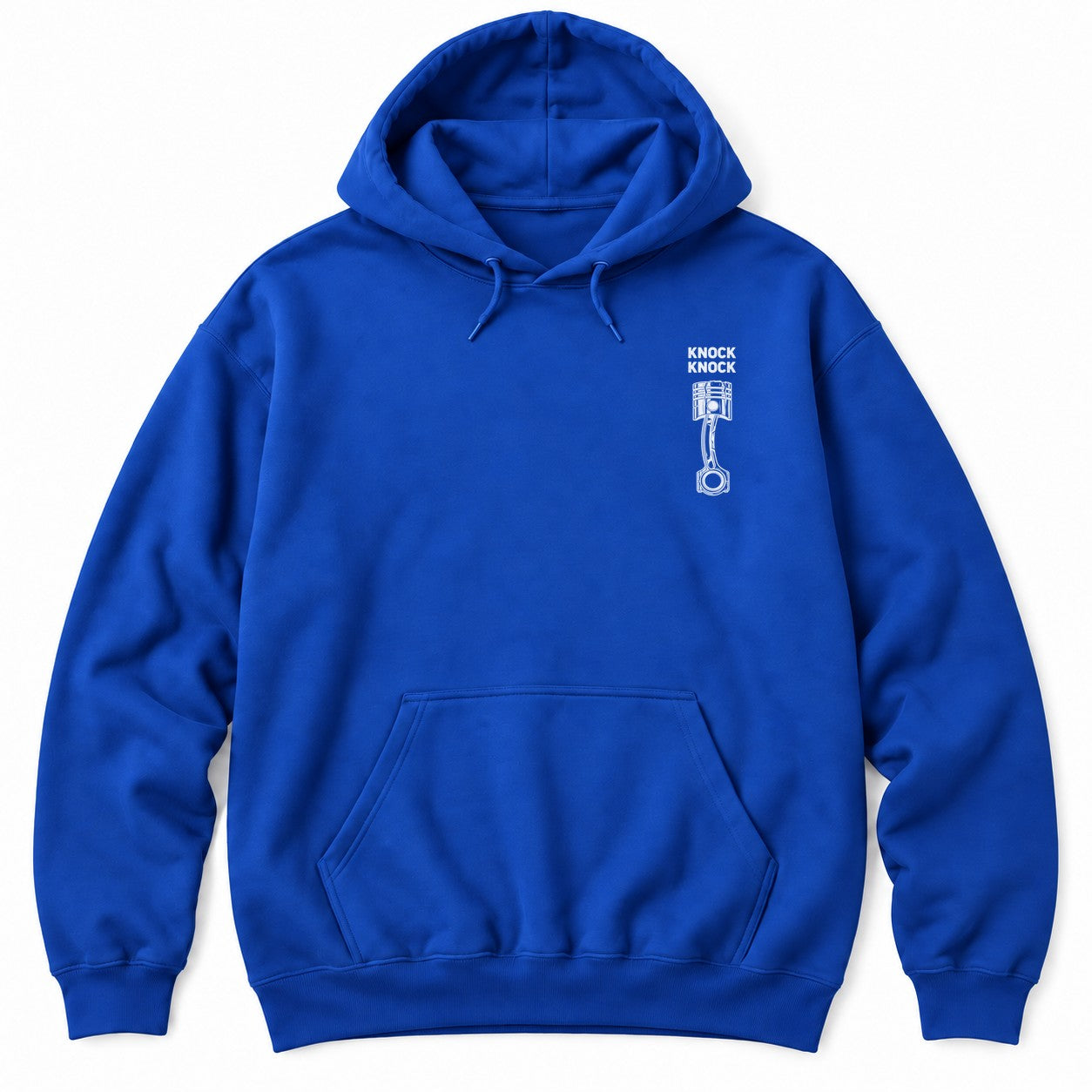 Royal hoodie with KNOCK KNOCK above a white piston and connecting rod with a cracked piston crown