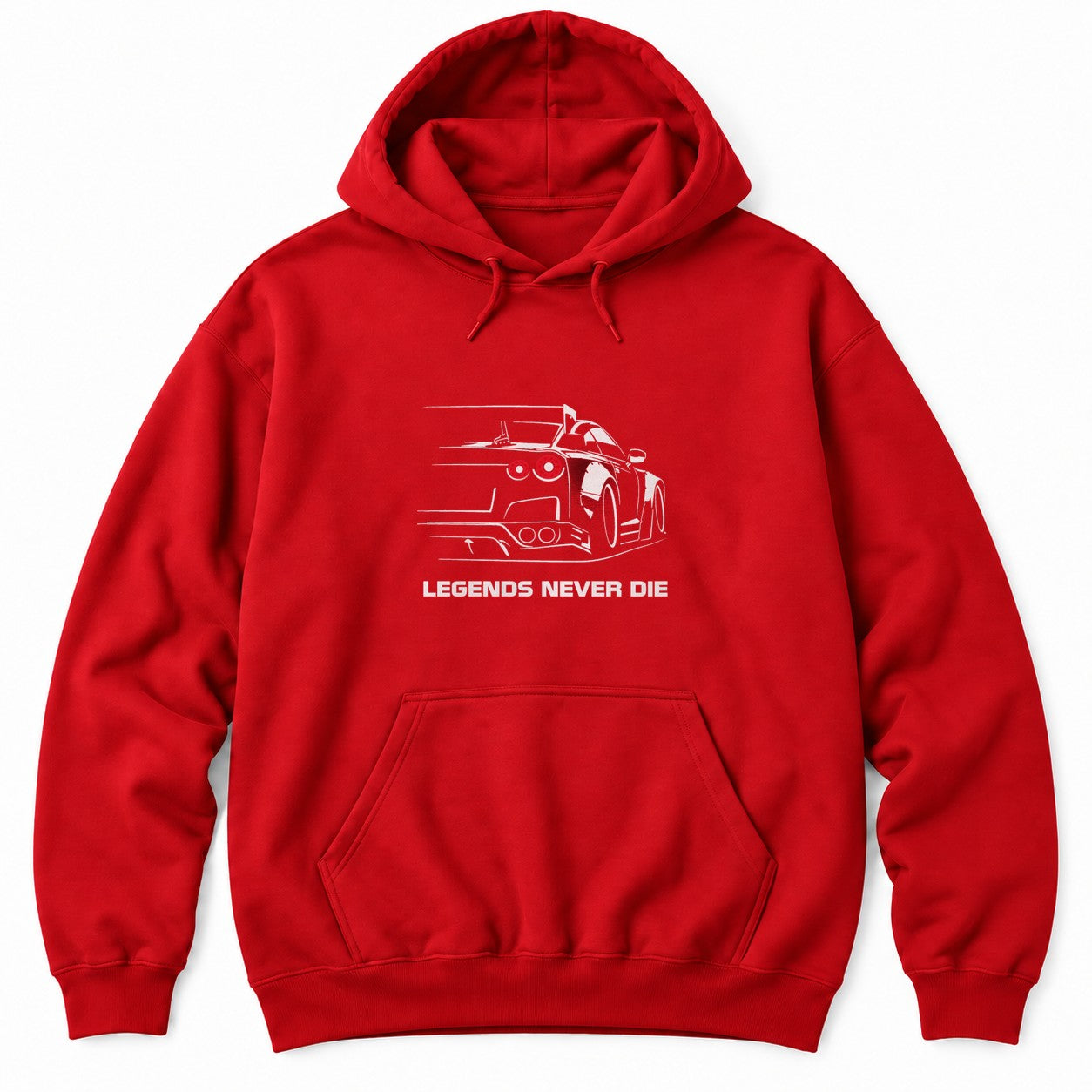 Red hoodie with a white line drawing of a JDM supercar seen from behind with glowing round red tail lights above LEGENDS NEVER DIE