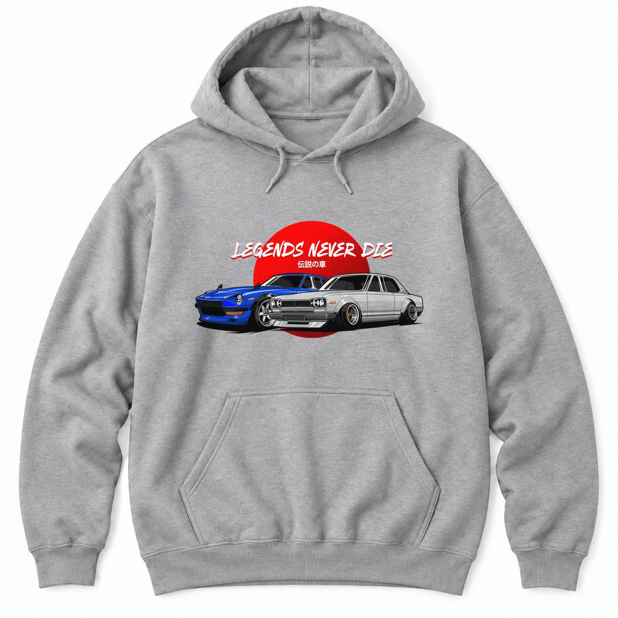 Athletic Heather hoodie with a blue and a silver classic Japanese car in front of a red rising sun under LEGENDS NEVER DIE