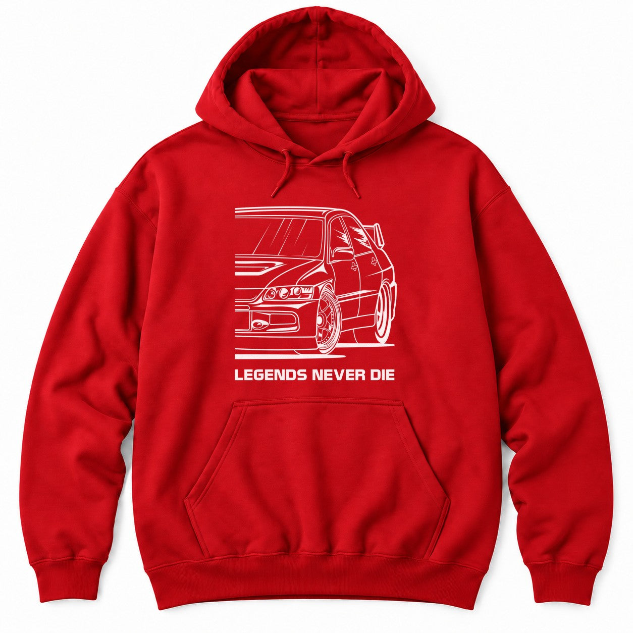 Red hoodie with a white close-up line drawing of a JDM rally sedan front end with triple headlights and LEGENDS NEVER DIE