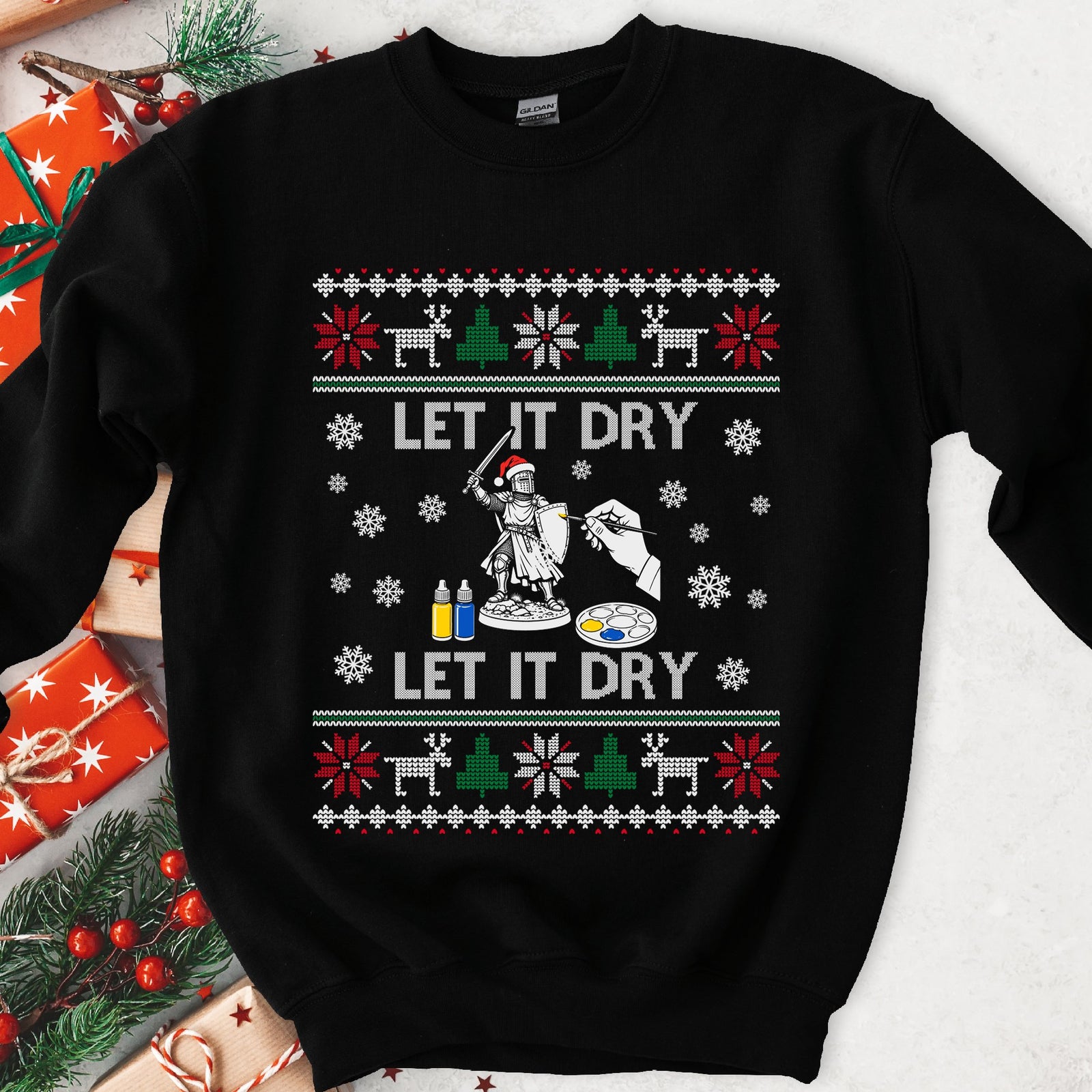 Black crewneck sweatshirt with LET IT DRY, LET IT DRY in ugly sweater letters around a knight miniature in a Santa hat