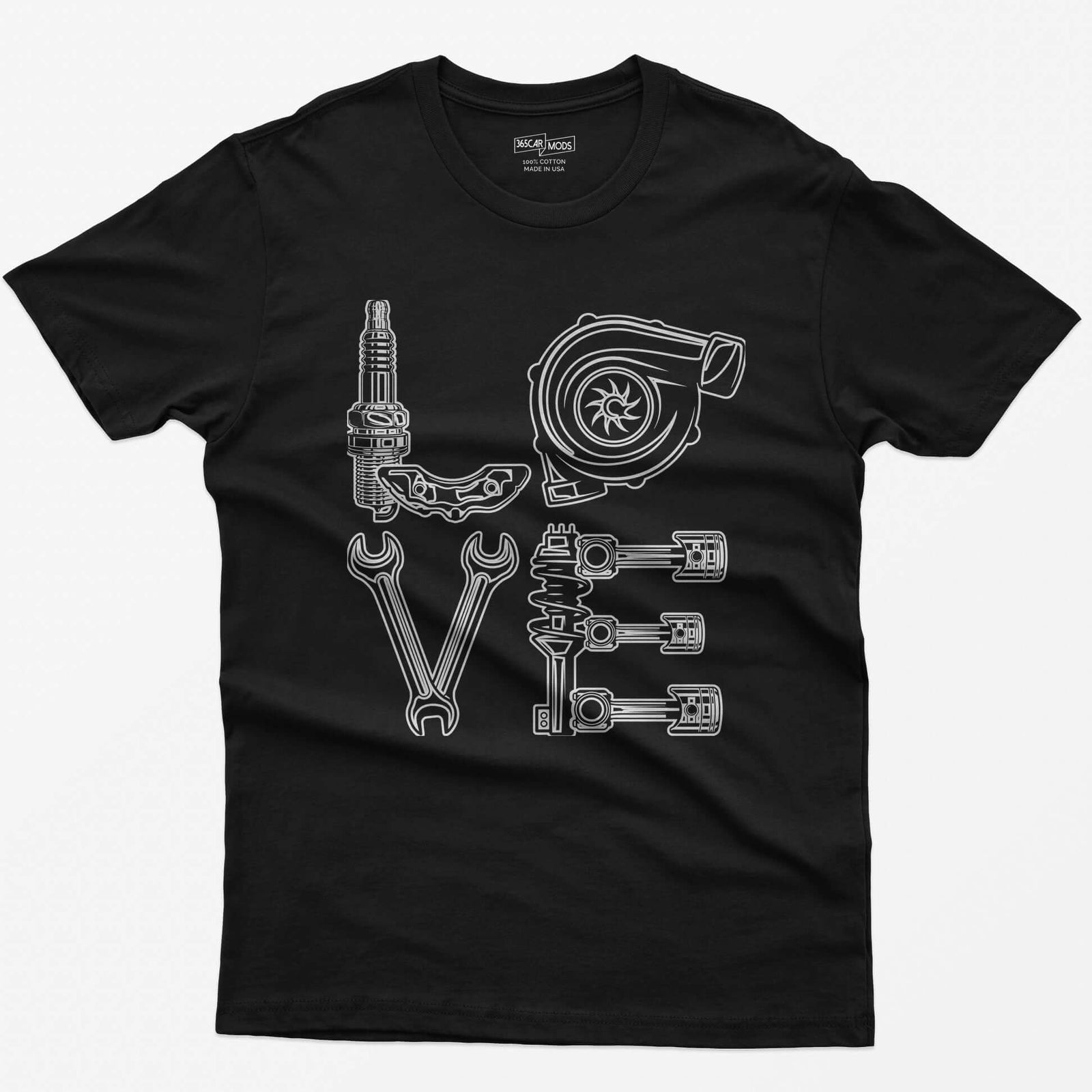 Black t-shirt with white line art of the word LOVE made from a spark plug, brake caliper, turbo, wrenches, shock and pistons