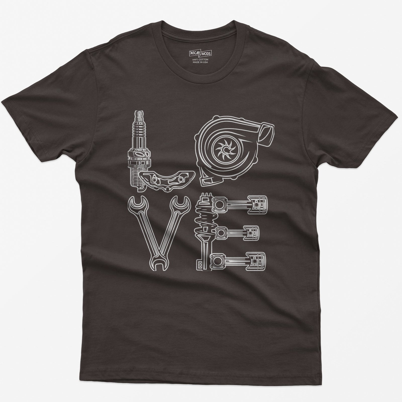 Dark Chocolate t-shirt with white line art of the word LOVE made from a spark plug, brake caliper, turbo, wrenches, shock and pistons