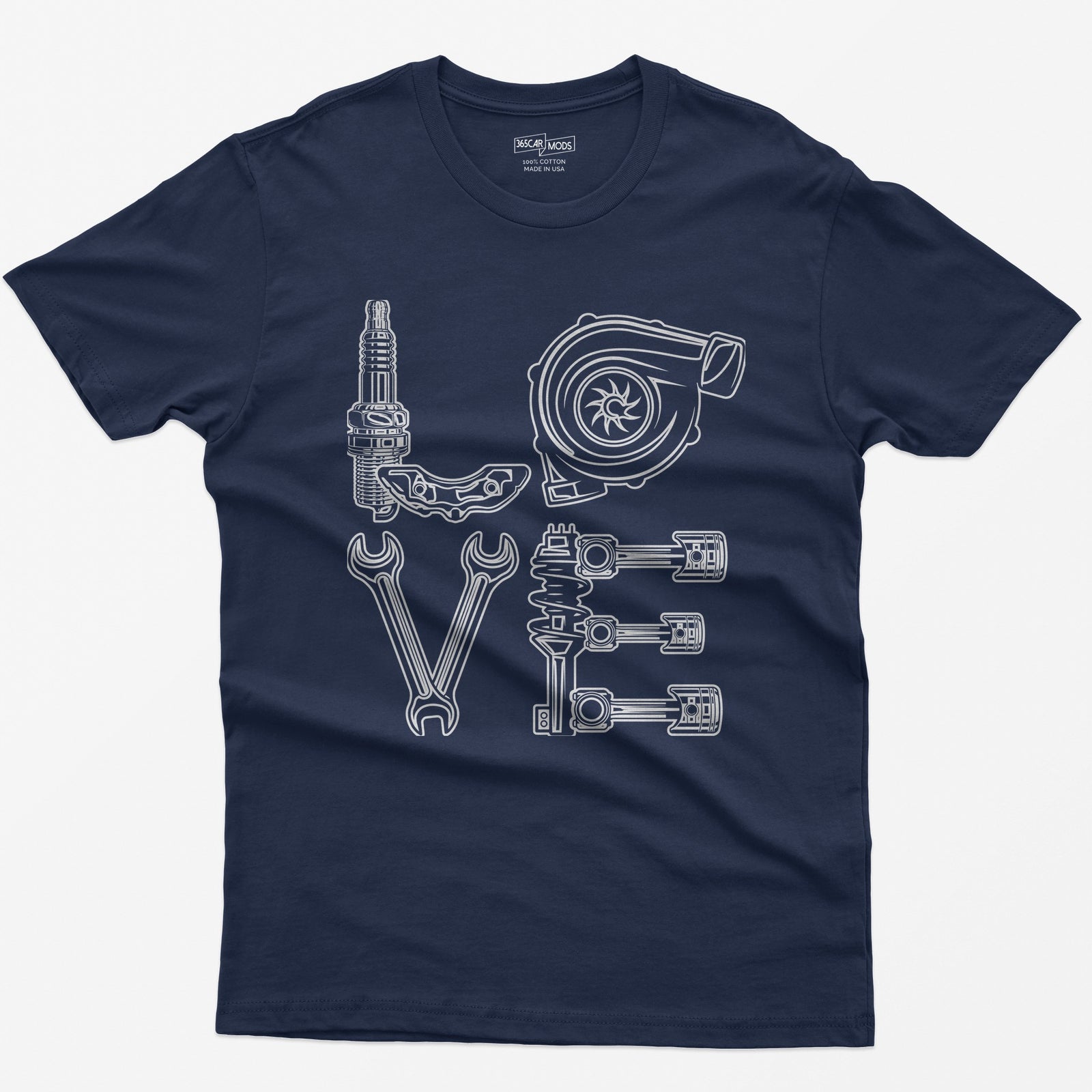 Navy t-shirt with white line art of the word LOVE made from a spark plug, brake caliper, turbo, wrenches, shock and pistons