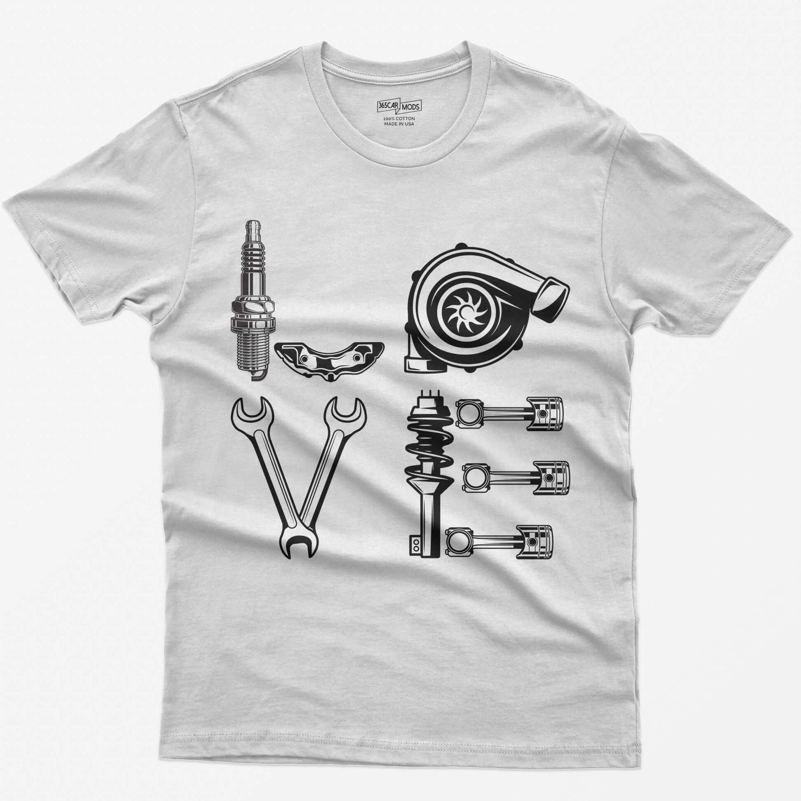 White t-shirt with white line art of the word LOVE made from a spark plug, brake caliper, turbo, wrenches, shock and pistons
