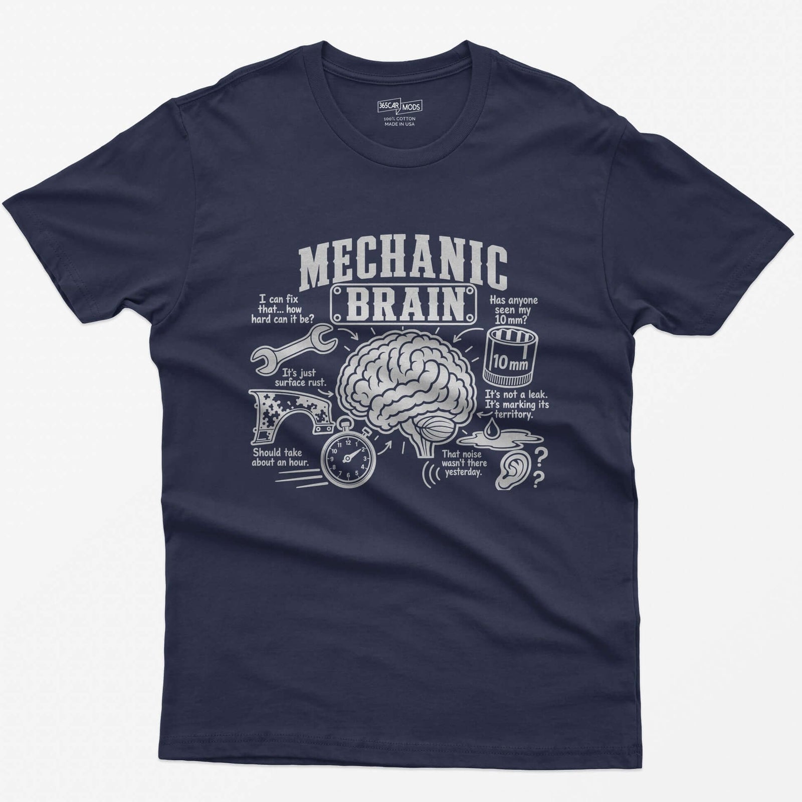 Heather Navy t-shirt with Mechanic Brain print: an illustrated brain ringed by a wrench, rusty fender, stopwatch and 10mm socket