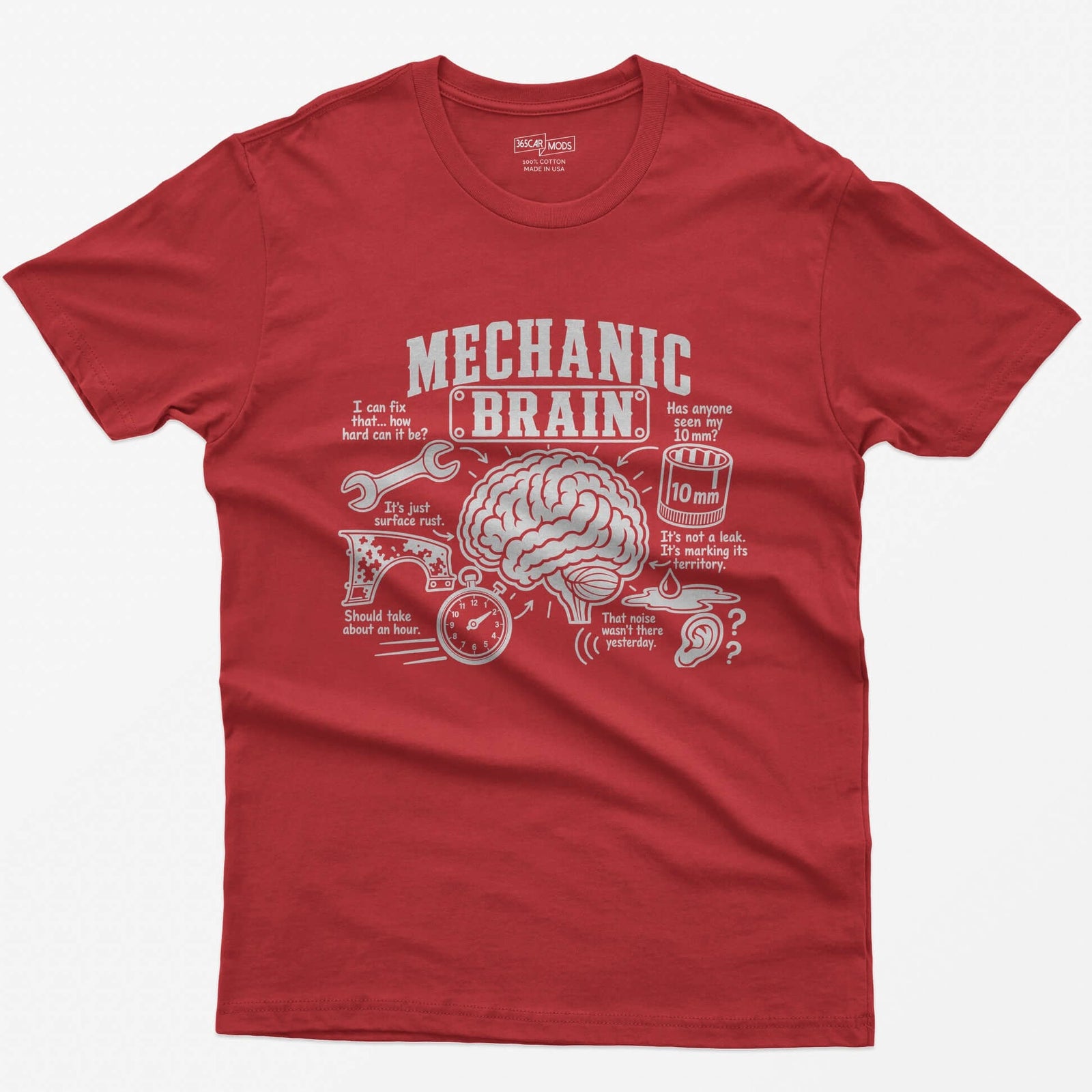Red t-shirt with Mechanic Brain print: an illustrated brain ringed by a wrench, rusty fender, stopwatch and 10mm socket