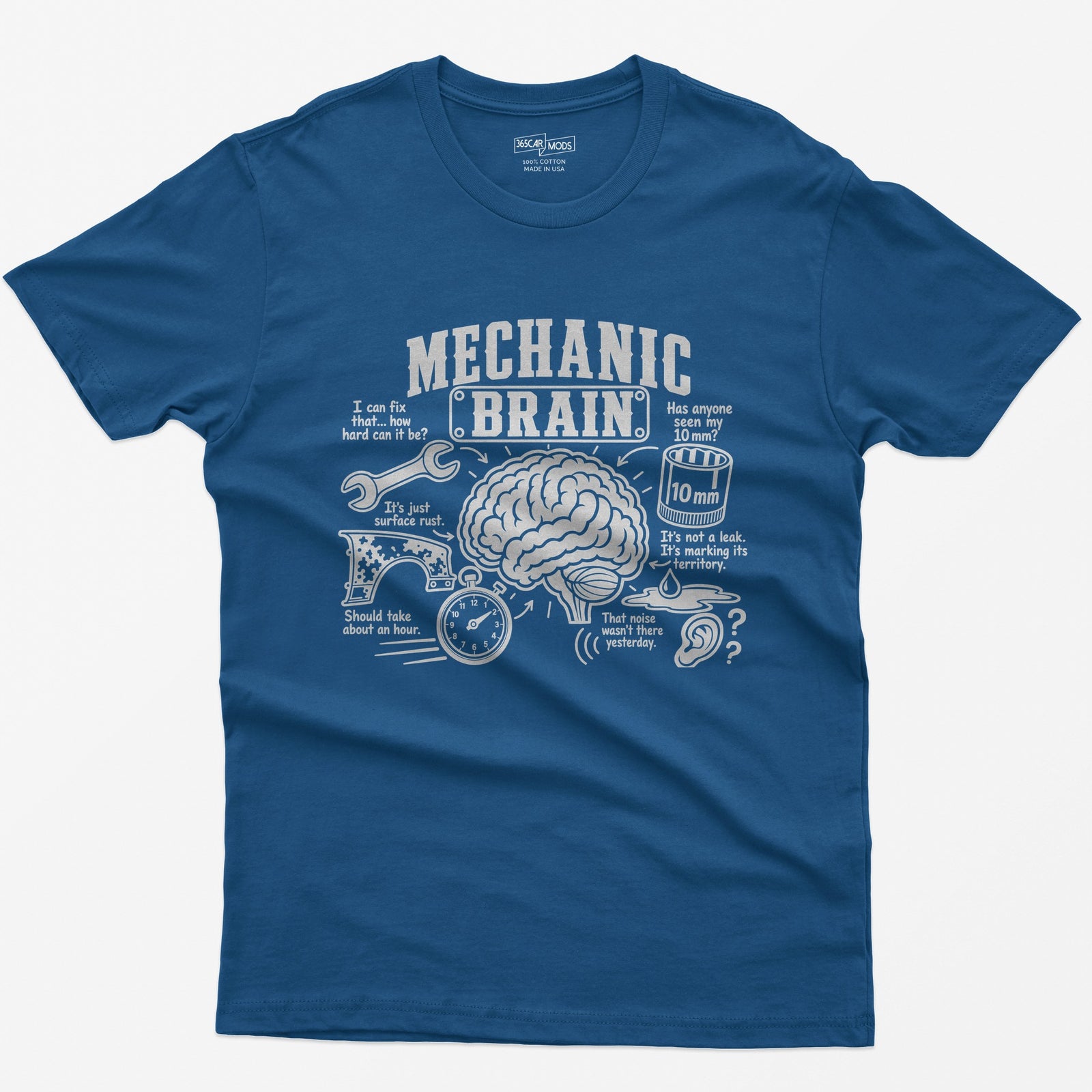 Royal t-shirt with Mechanic Brain print: an illustrated brain ringed by a wrench, rusty fender, stopwatch and 10mm socket