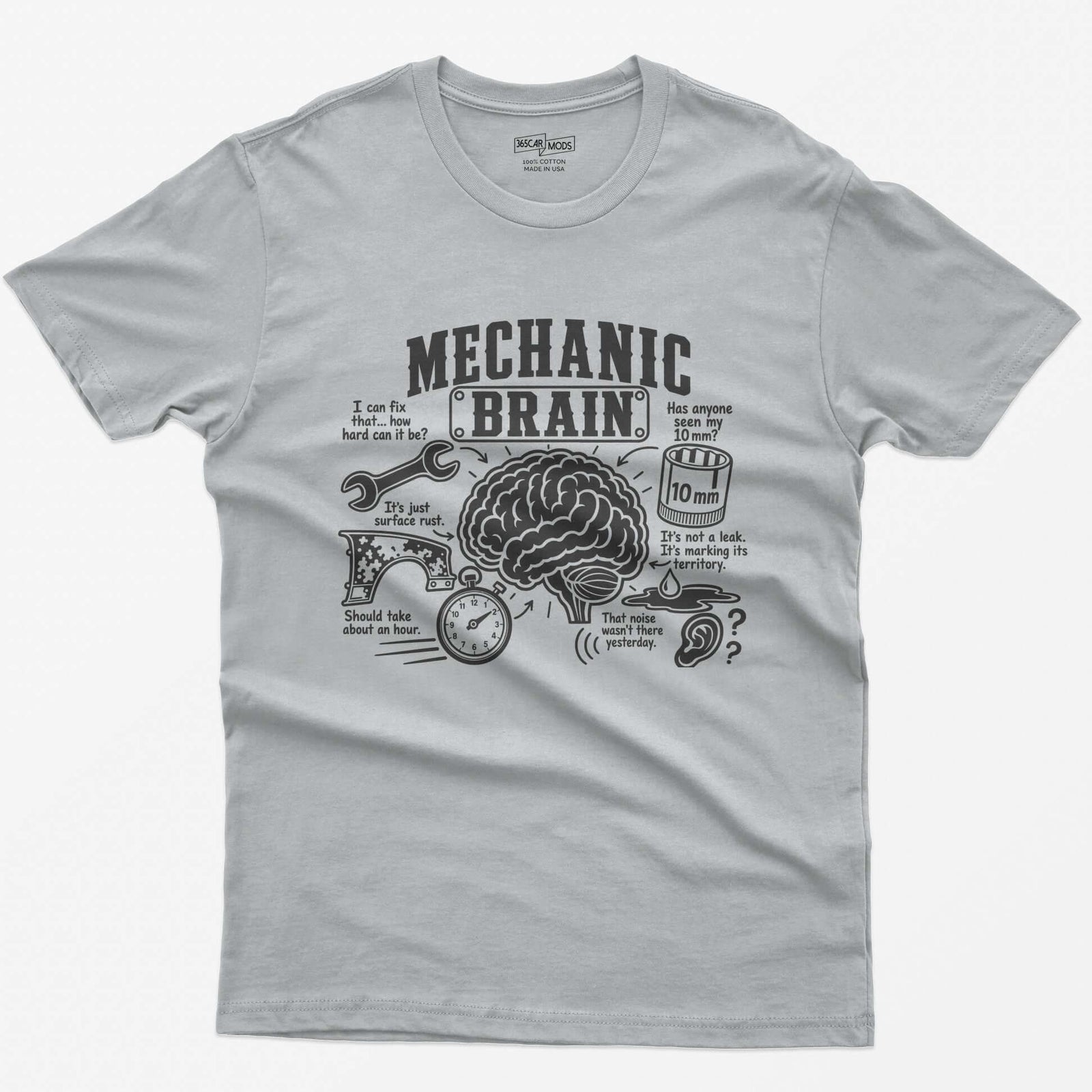 Sport Grey t-shirt with Mechanic Brain print: an illustrated brain ringed by a wrench, rusty fender, stopwatch and 10mm socket