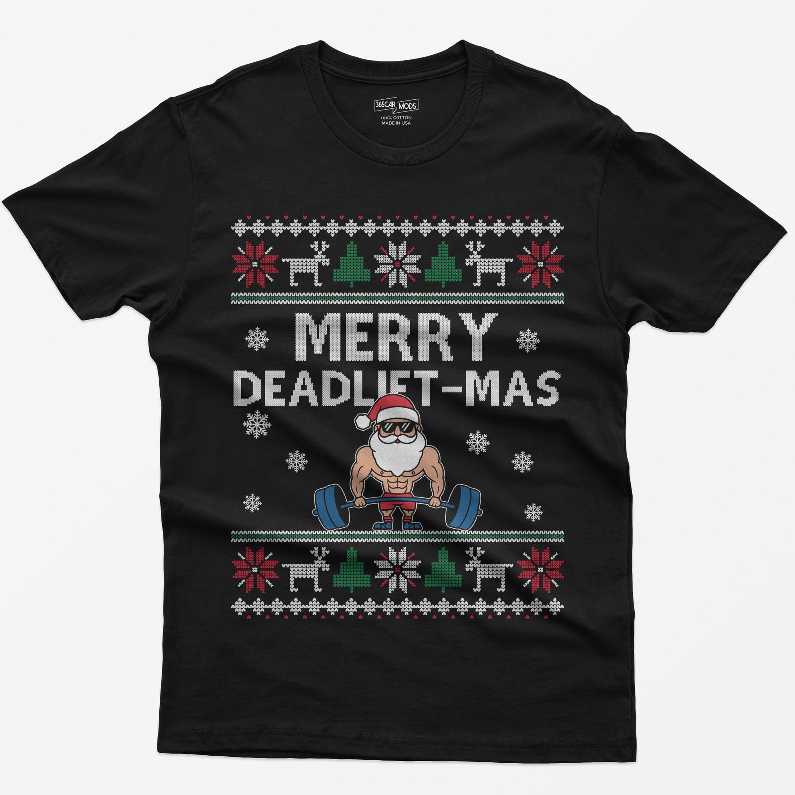 Black t-shirt with Merry Deadlift-Mas text and a muscular Santa in sunglasses deadlifting a barbell, knit snowflake borders