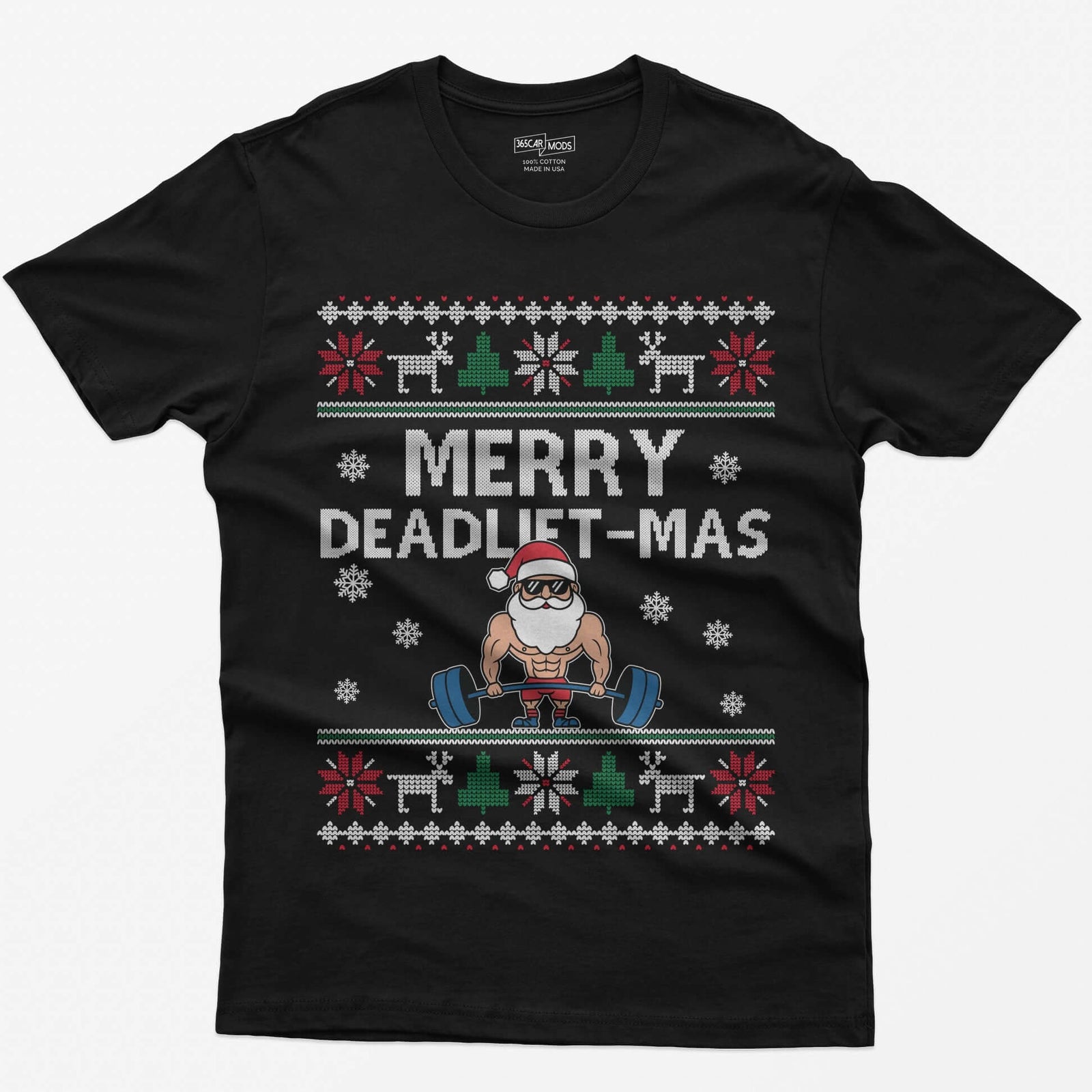 Black t-shirt with Merry Deadlift-Mas text and a muscular Santa in sunglasses deadlifting a barbell, knit snowflake borders