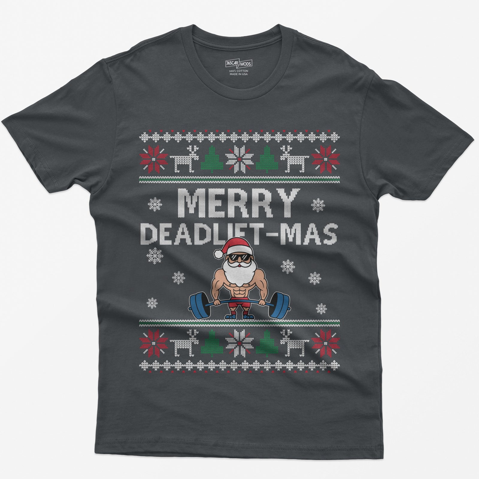 Charcoal t-shirt with Merry Deadlift-Mas text and a muscular Santa in sunglasses deadlifting a barbell, knit snowflake borders