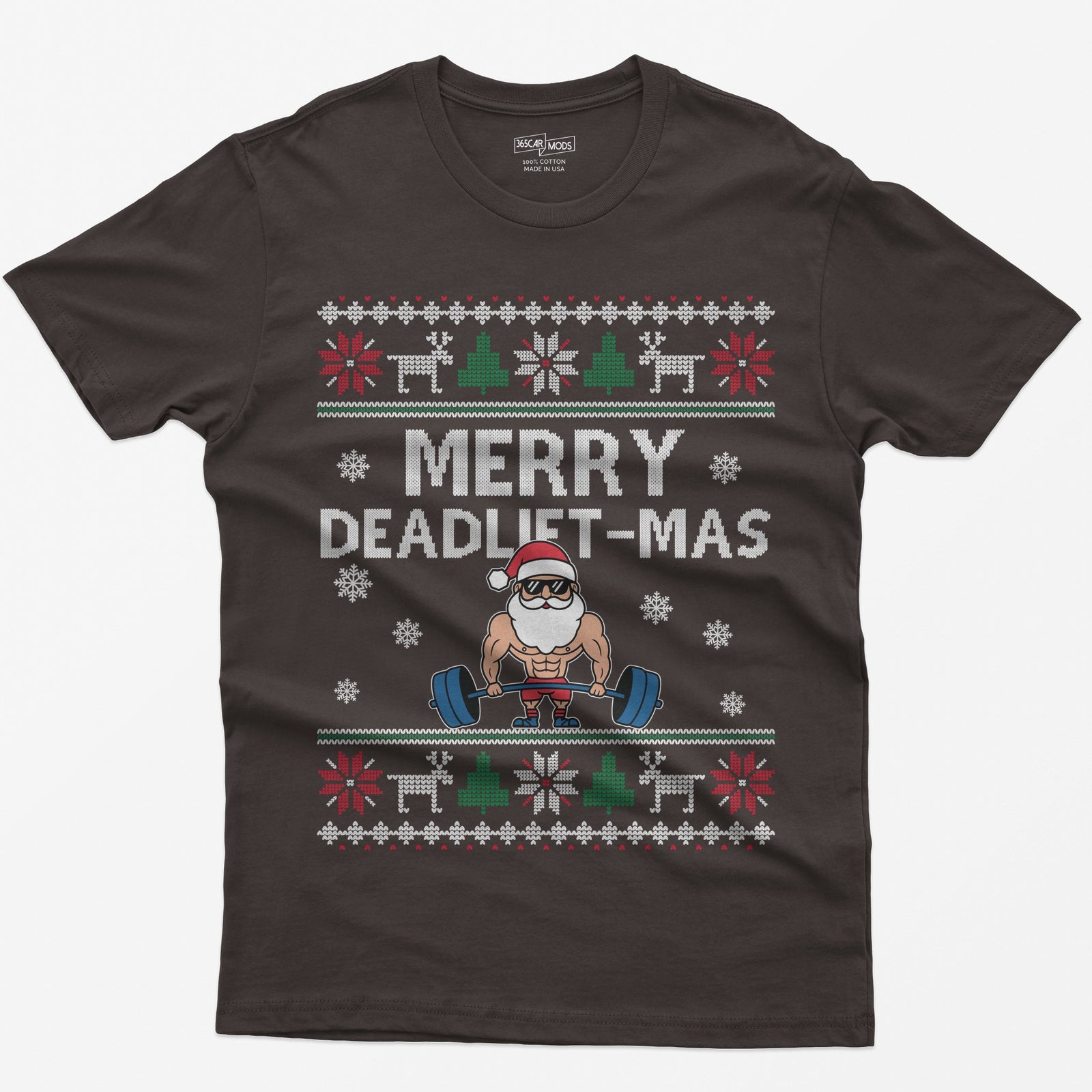 Dark Chocolate t-shirt with Merry Deadlift-Mas text and a muscular Santa in sunglasses deadlifting a barbell, knit snowflake borders