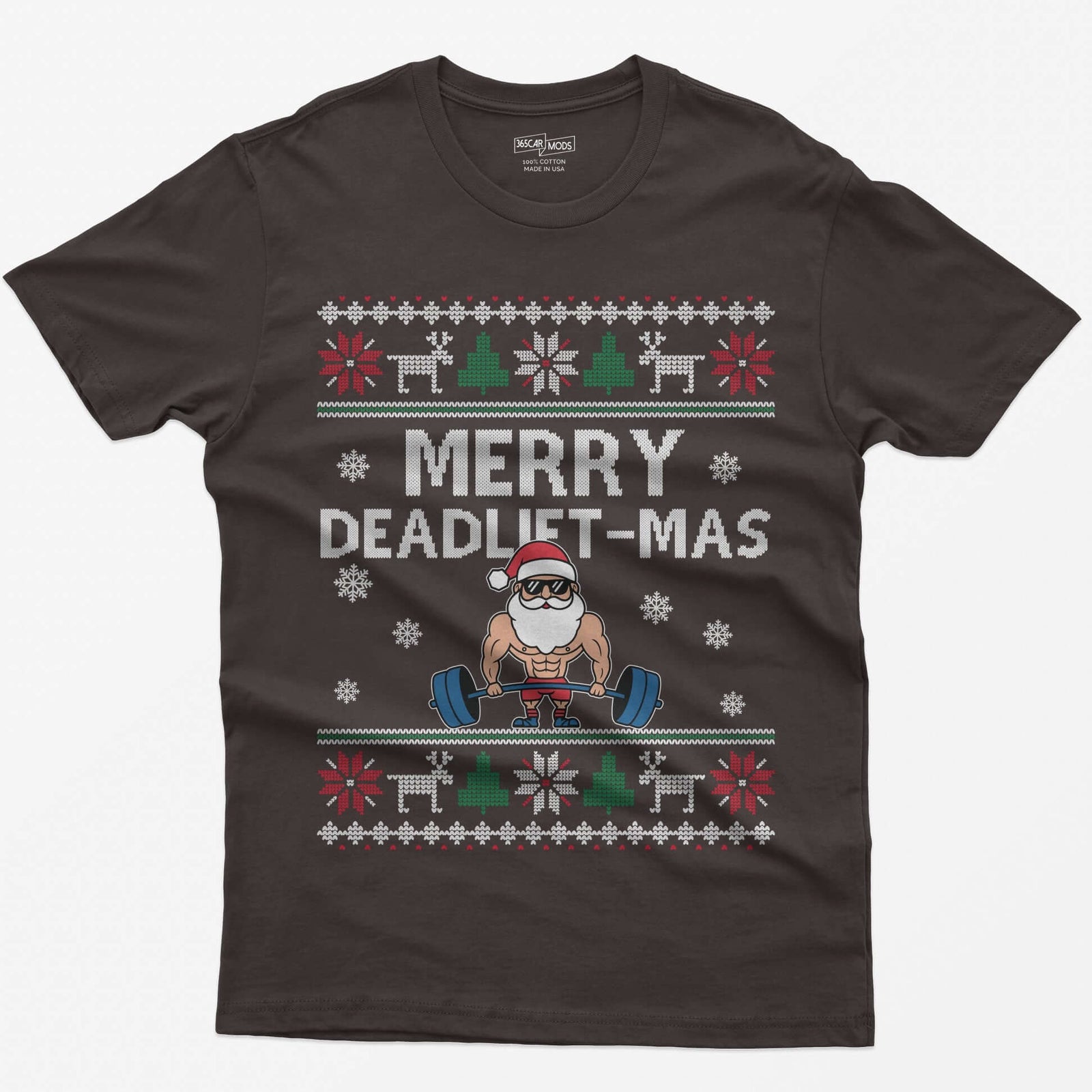 Dark Chocolate t-shirt with Merry Deadlift-Mas text and a muscular Santa in sunglasses deadlifting a barbell, knit snowflake borders