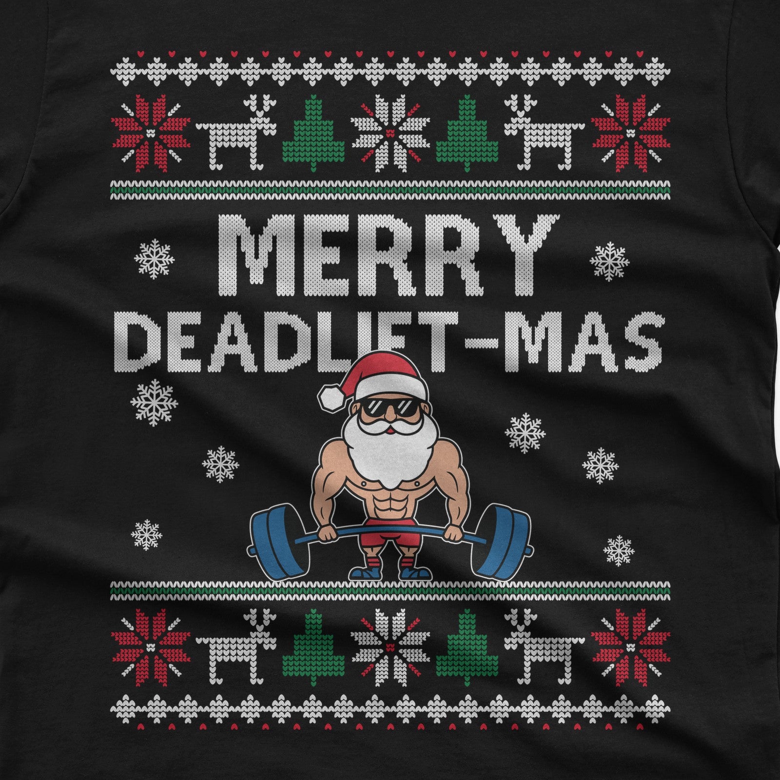 Merry Deadlift-Mas Santa Christmas T-Shirt design close-up