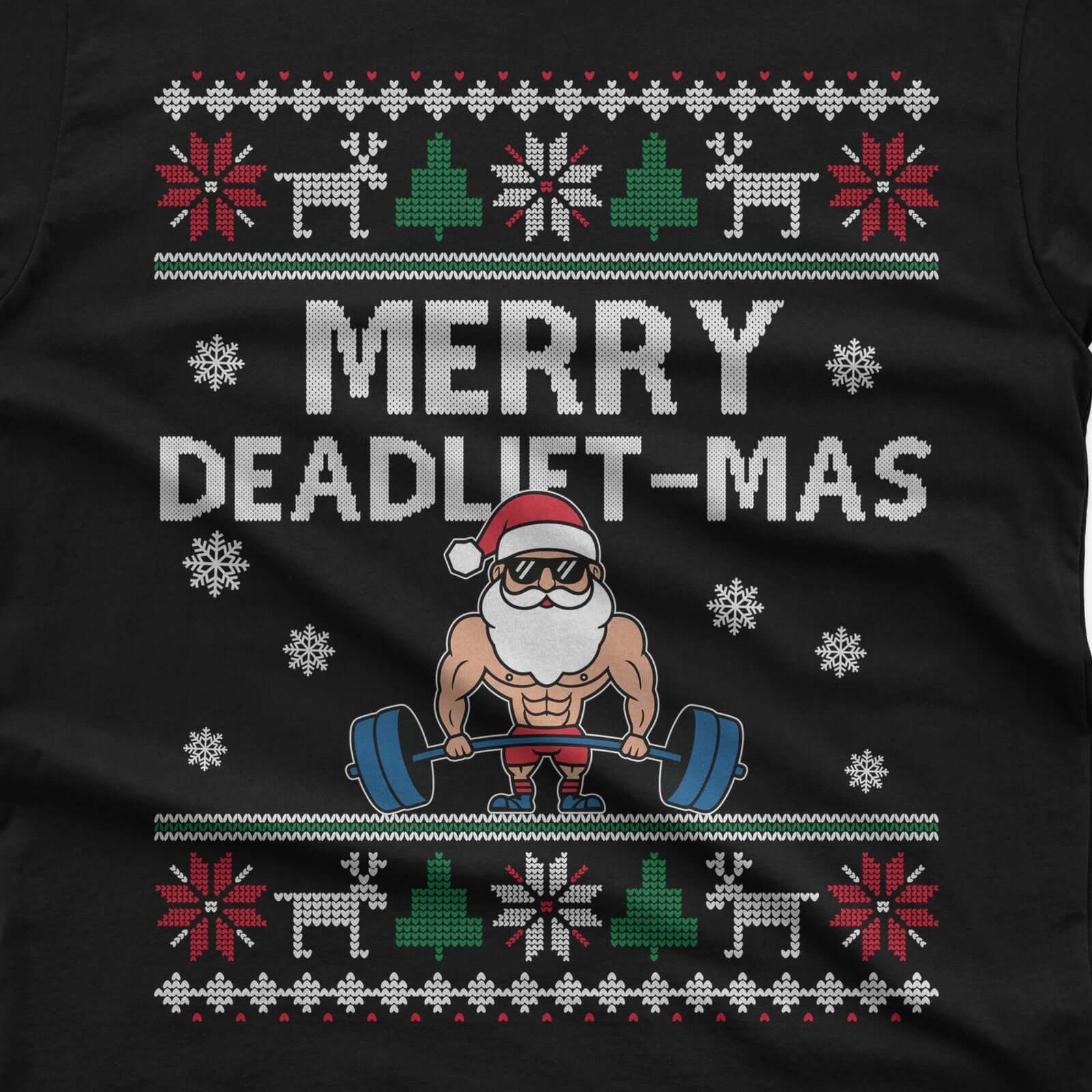 Merry Deadlift-Mas Santa Christmas T-Shirt design close-up