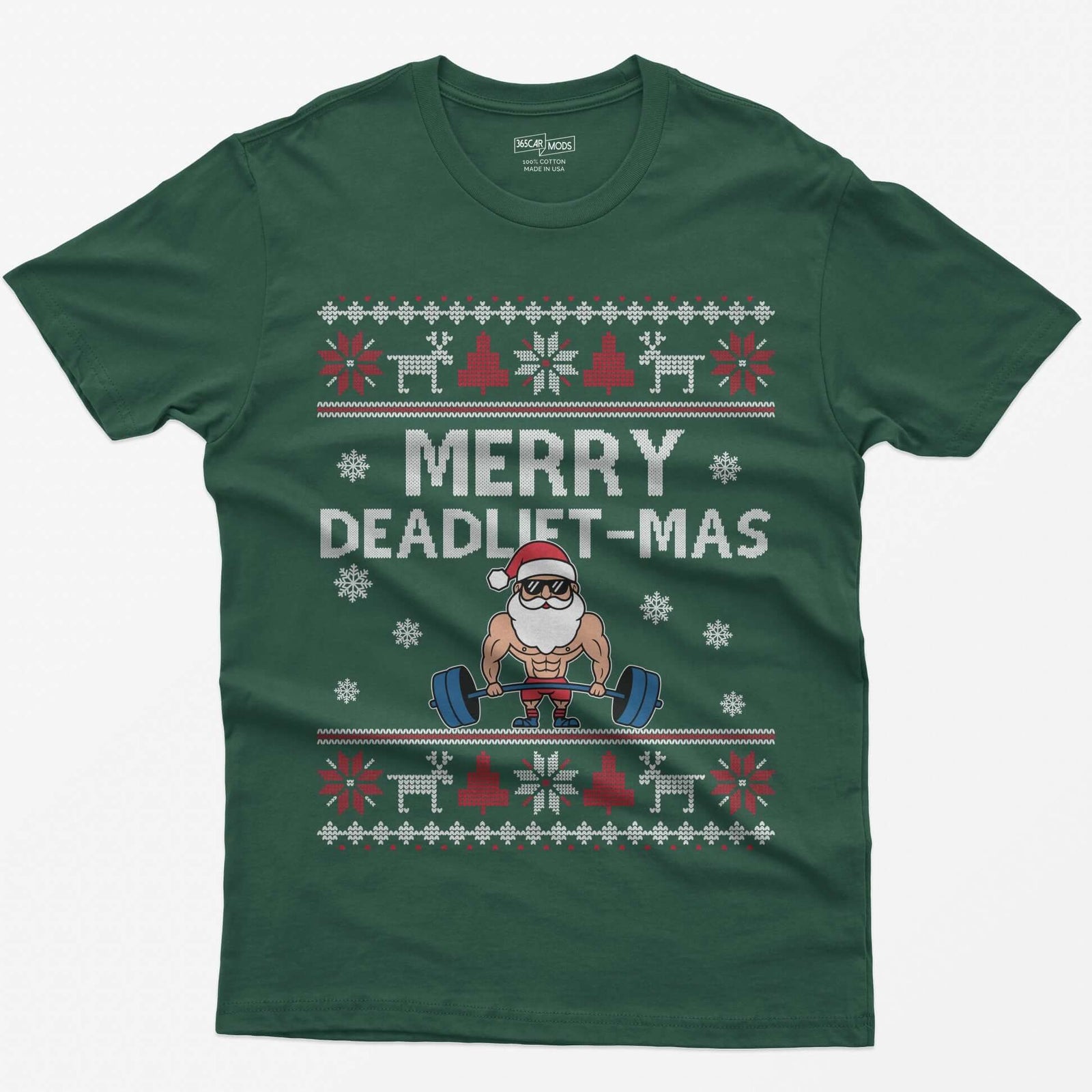Forest Green t-shirt with Merry Deadlift-Mas text and a muscular Santa in sunglasses deadlifting a barbell, knit snowflake borders