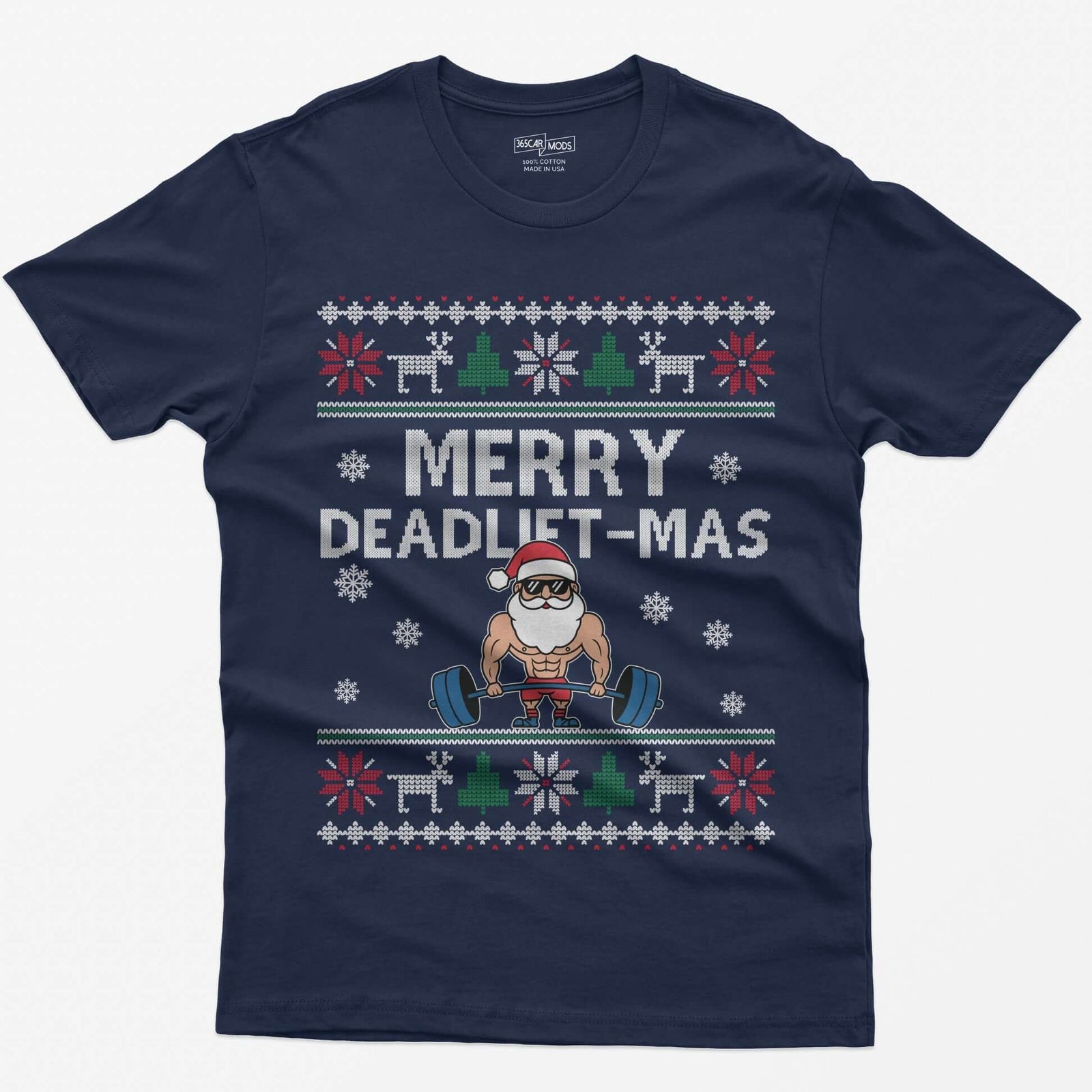 Navy t-shirt with Merry Deadlift-Mas text and a muscular Santa in sunglasses deadlifting a barbell, knit snowflake borders