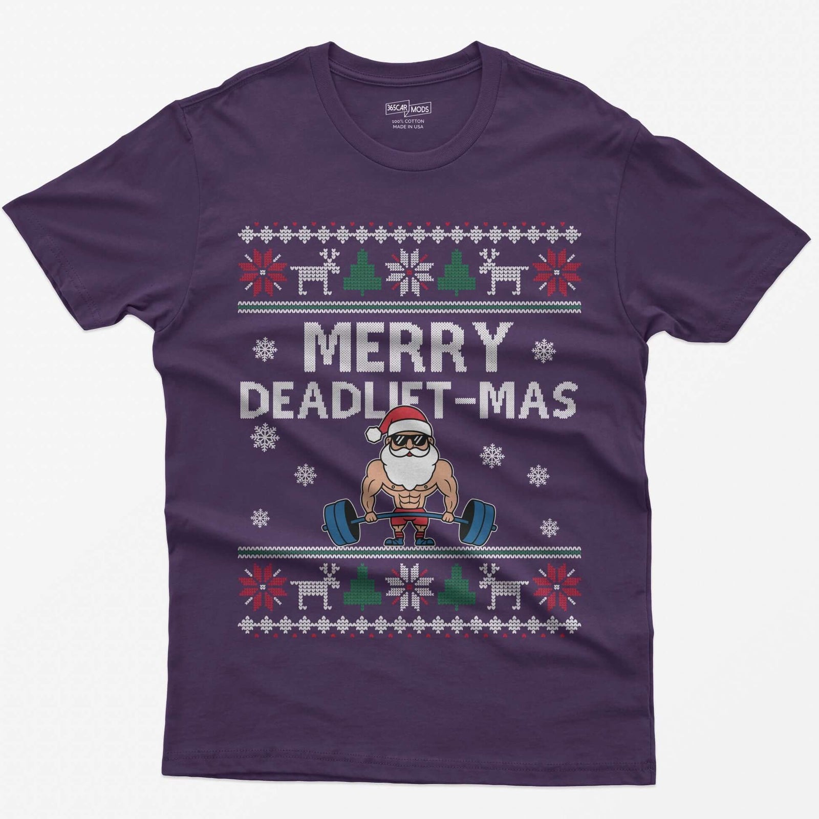 Purple t-shirt with Merry Deadlift-Mas text and a muscular Santa in sunglasses deadlifting a barbell, knit snowflake borders