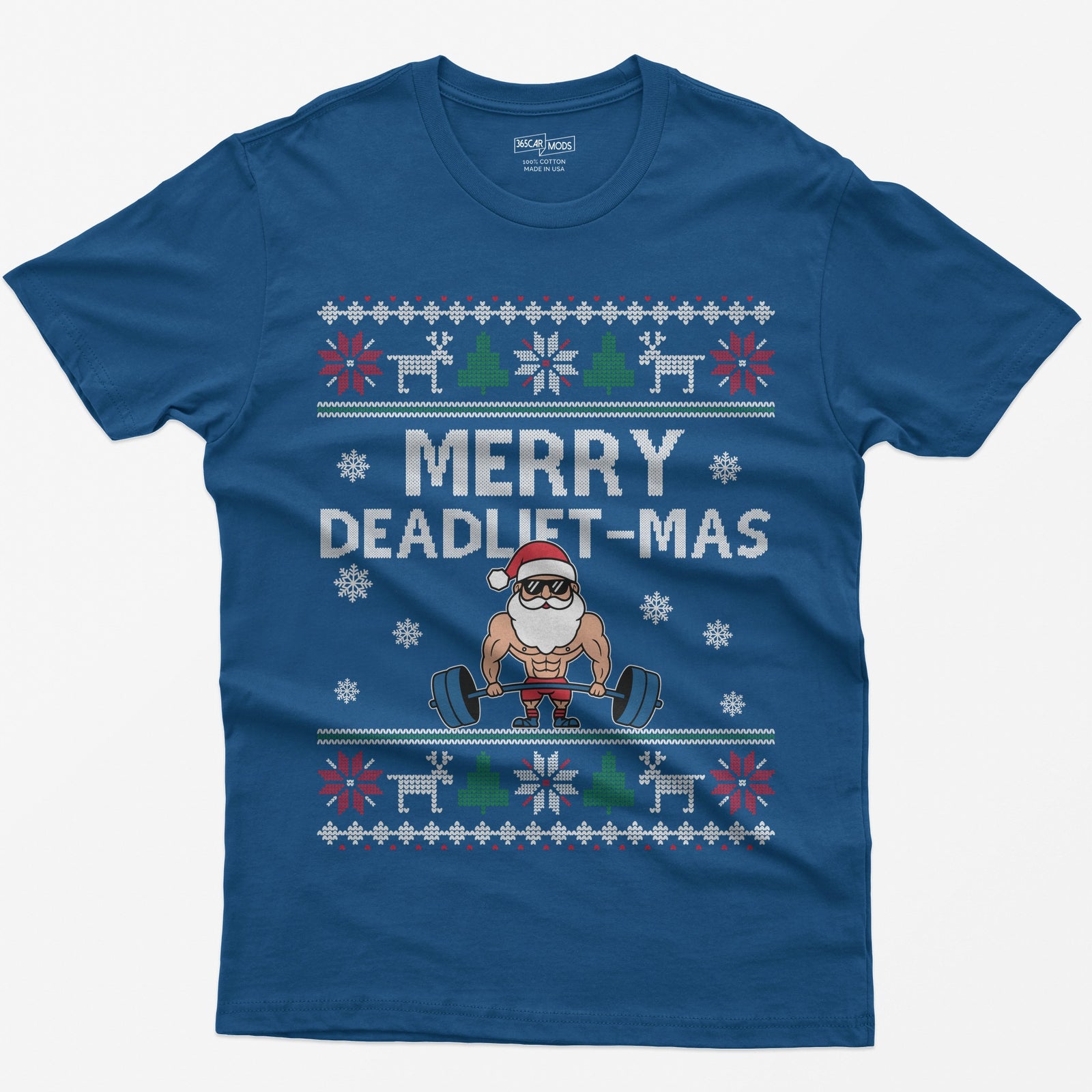 Royal t-shirt with Merry Deadlift-Mas text and a muscular Santa in sunglasses deadlifting a barbell, knit snowflake borders