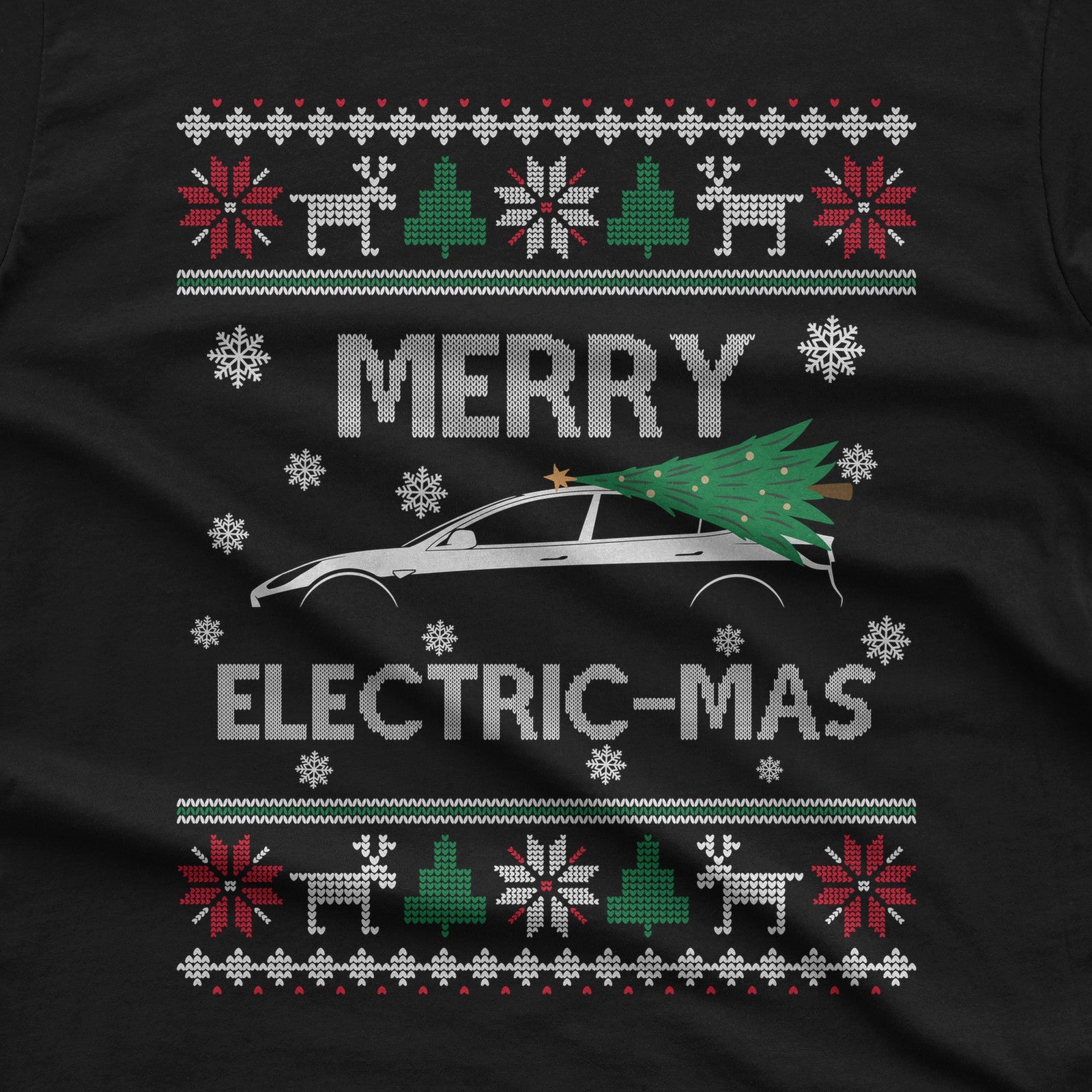 Merry Electric-mas EV Christmas T-Shirt design close-up