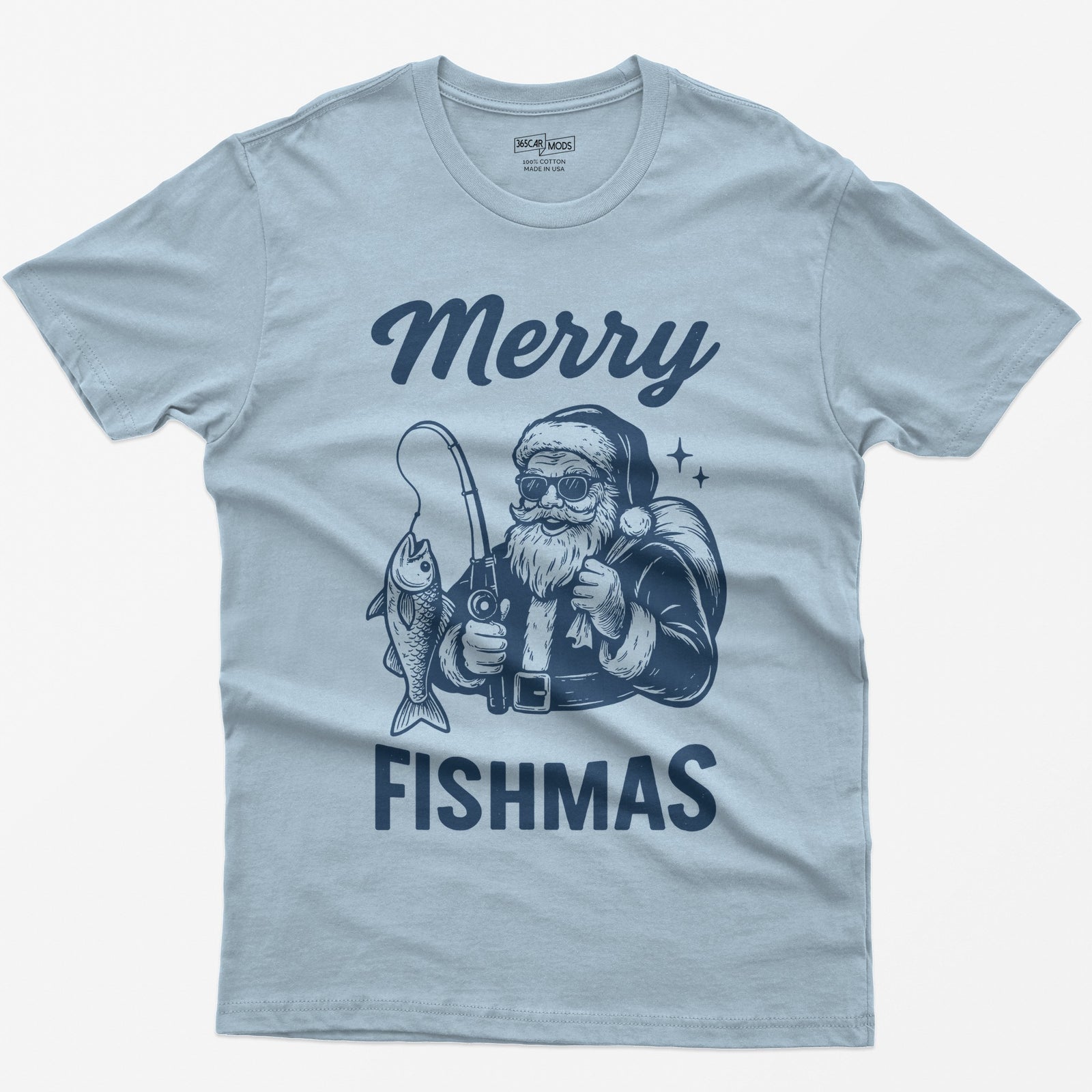 Light Blue t-shirt with Merry Fishmas print of Santa in sunglasses holding a fishing rod and a fish, navy single-color design
