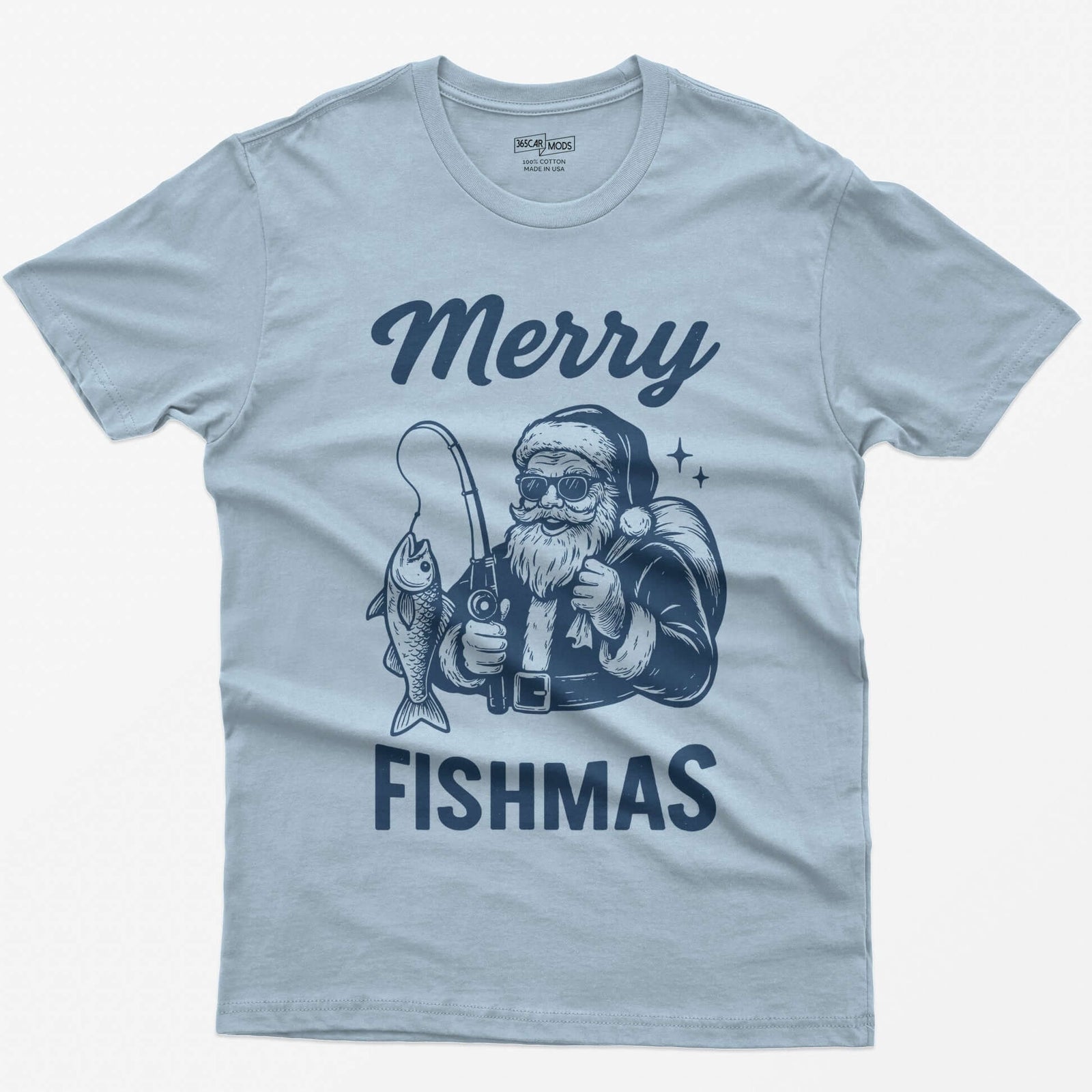 Light Blue t-shirt with Merry Fishmas print of Santa in sunglasses holding a fishing rod and a fish, navy single-color design