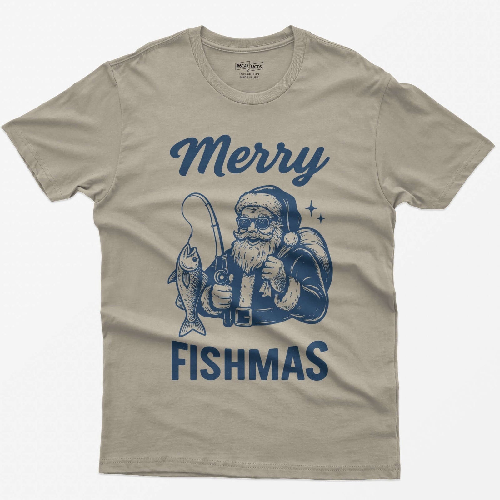 Sand t-shirt with Merry Fishmas print of Santa in sunglasses holding a fishing rod and a fish, navy single-color design