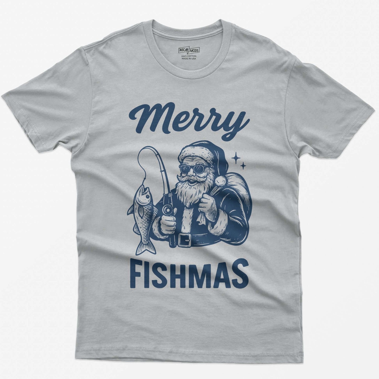 Sport Grey t-shirt with Merry Fishmas print of Santa in sunglasses holding a fishing rod and a fish, navy single-color design