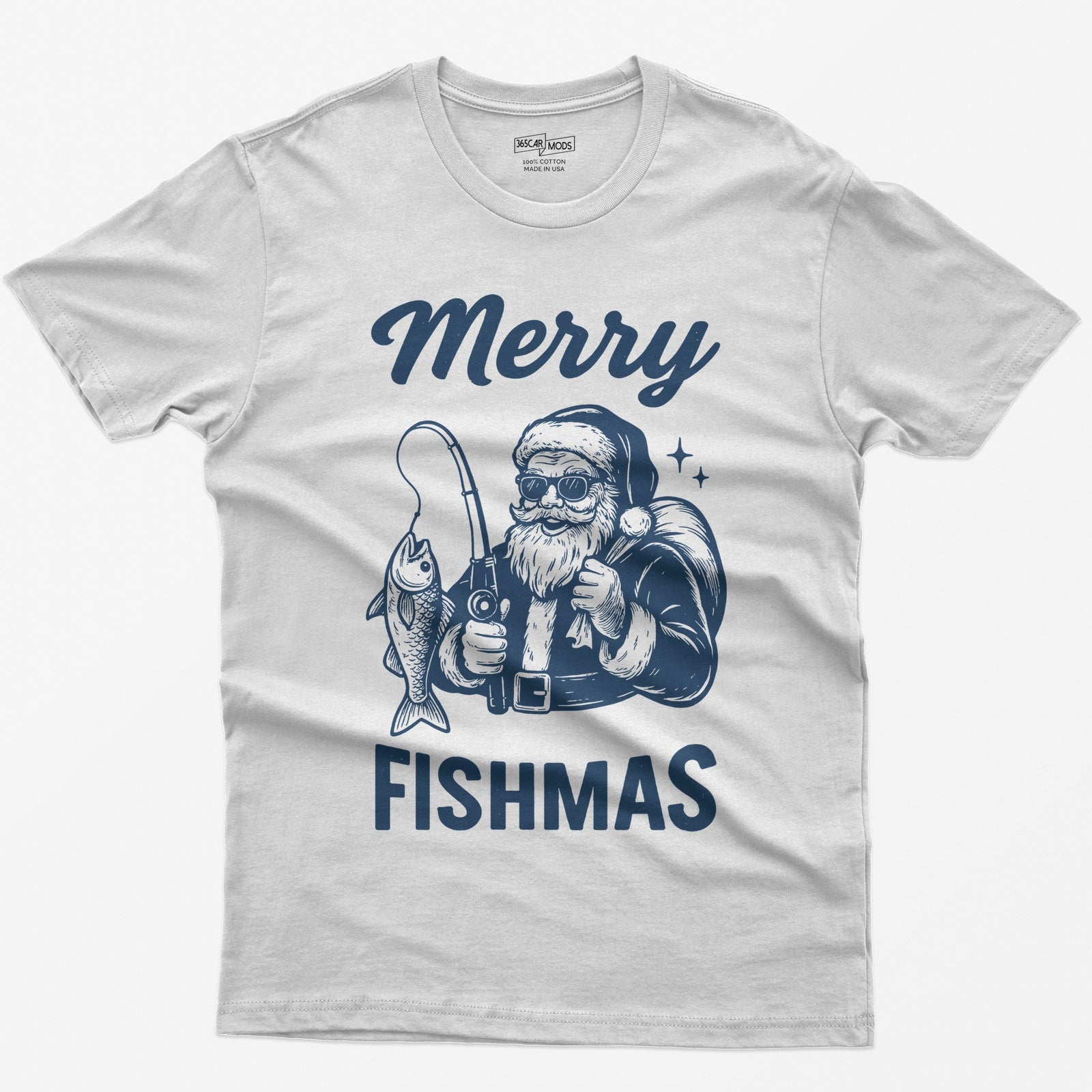 White t-shirt with Merry Fishmas print of Santa in sunglasses holding a fishing rod and a fish, navy single-color design