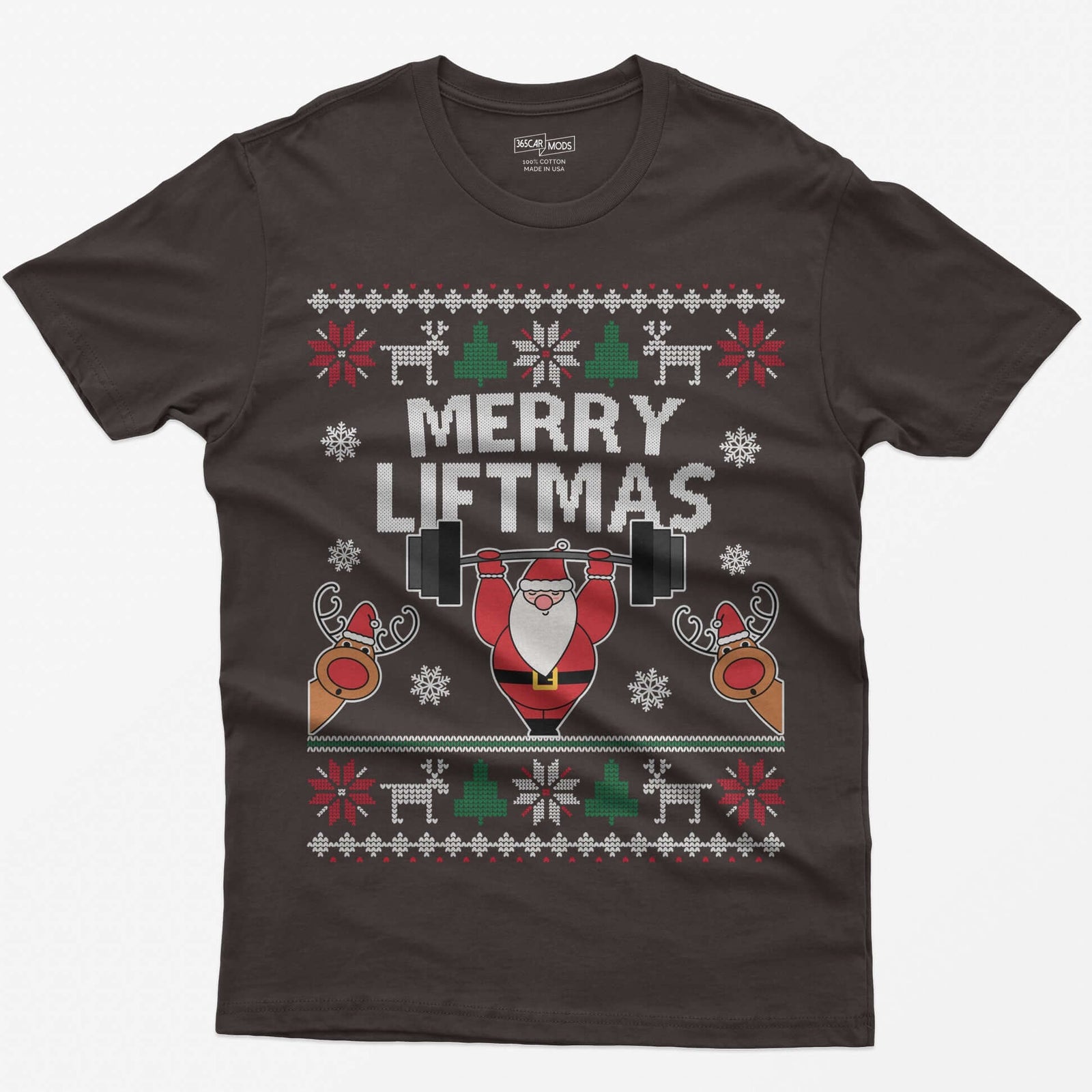 Dark Chocolate t-shirt with ugly sweater style Merry Liftmas print, Santa lifting a barbell overhead with two reindeer