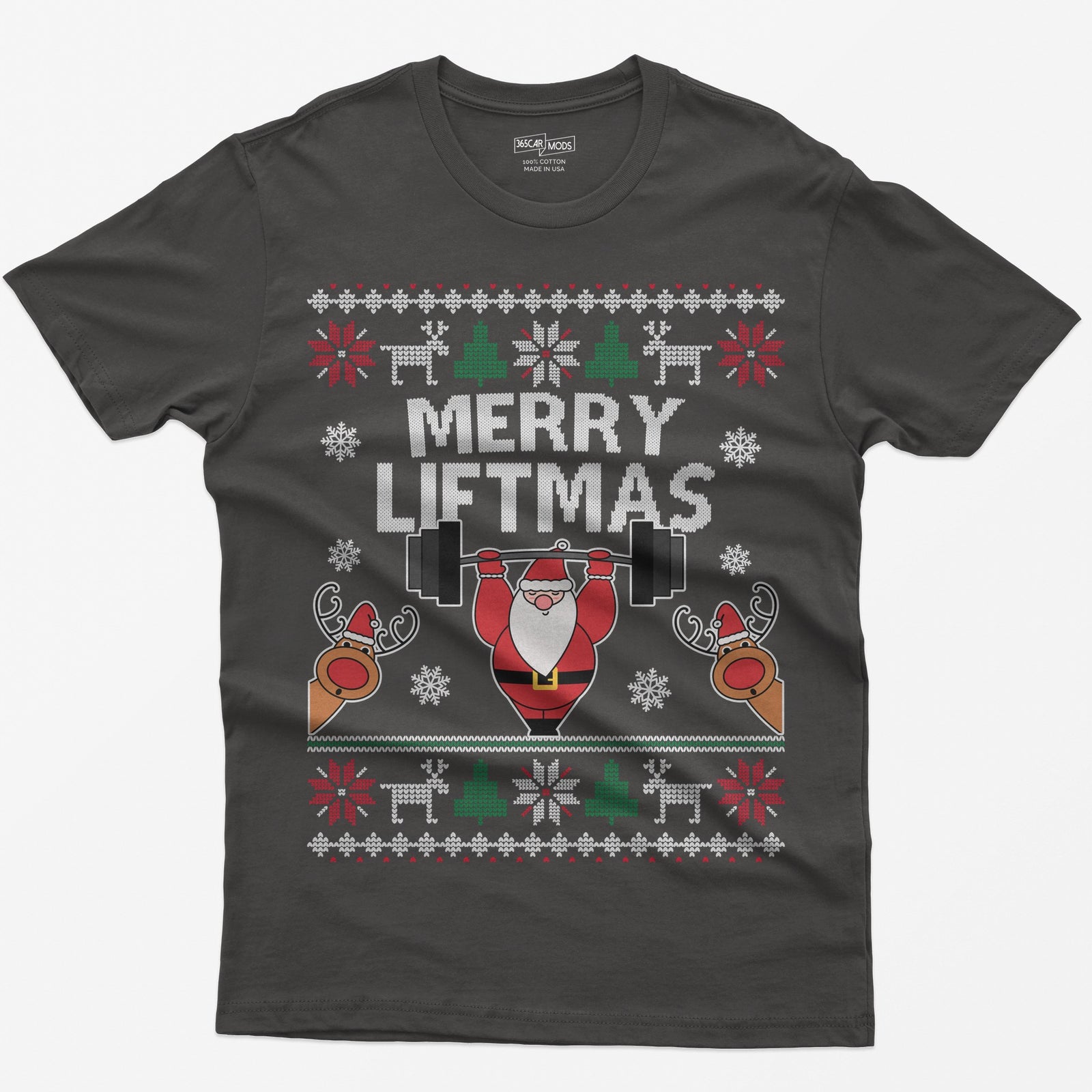 Dark Heather t-shirt with ugly sweater style Merry Liftmas print, Santa lifting a barbell overhead with two reindeer
