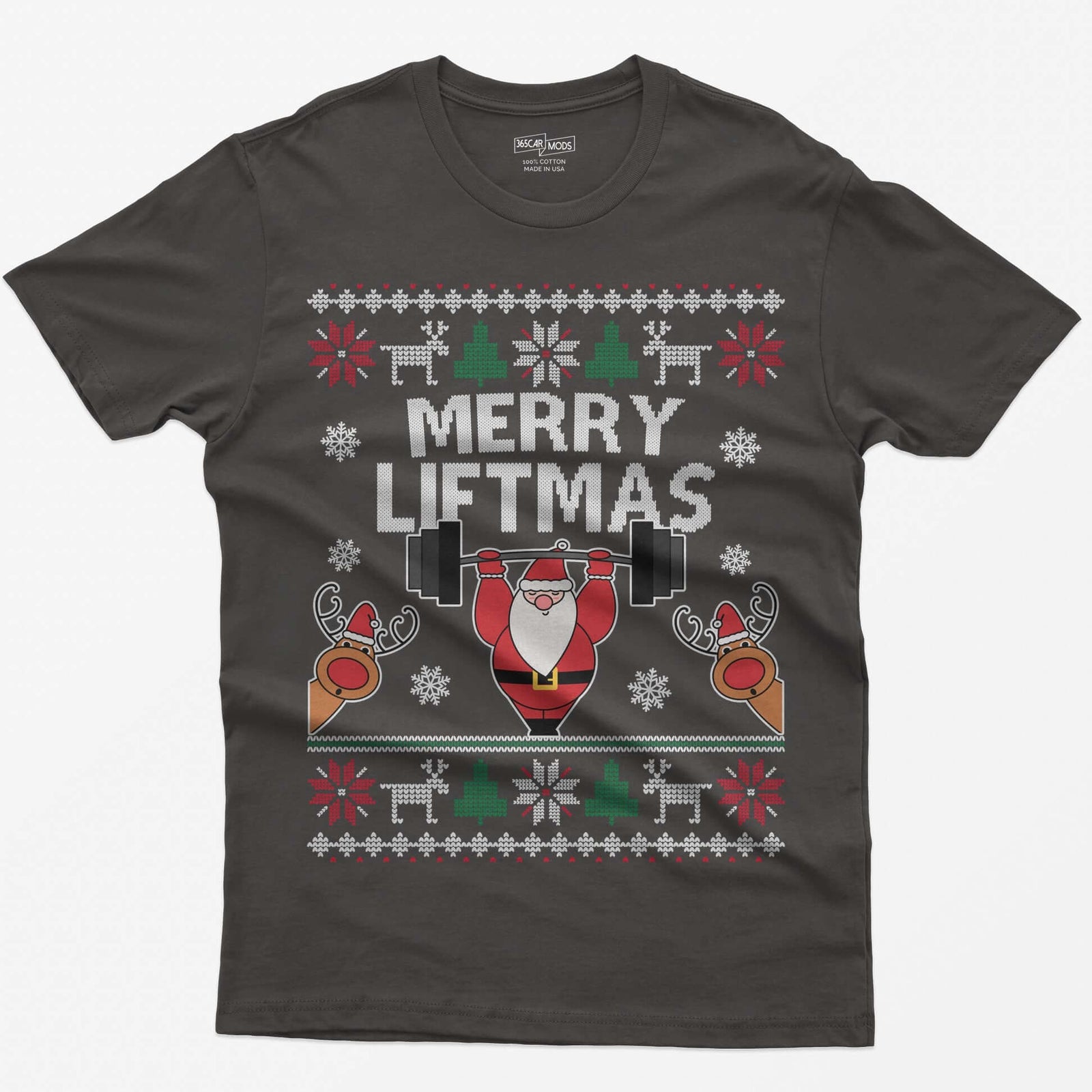Dark Heather t-shirt with ugly sweater style Merry Liftmas print, Santa lifting a barbell overhead with two reindeer